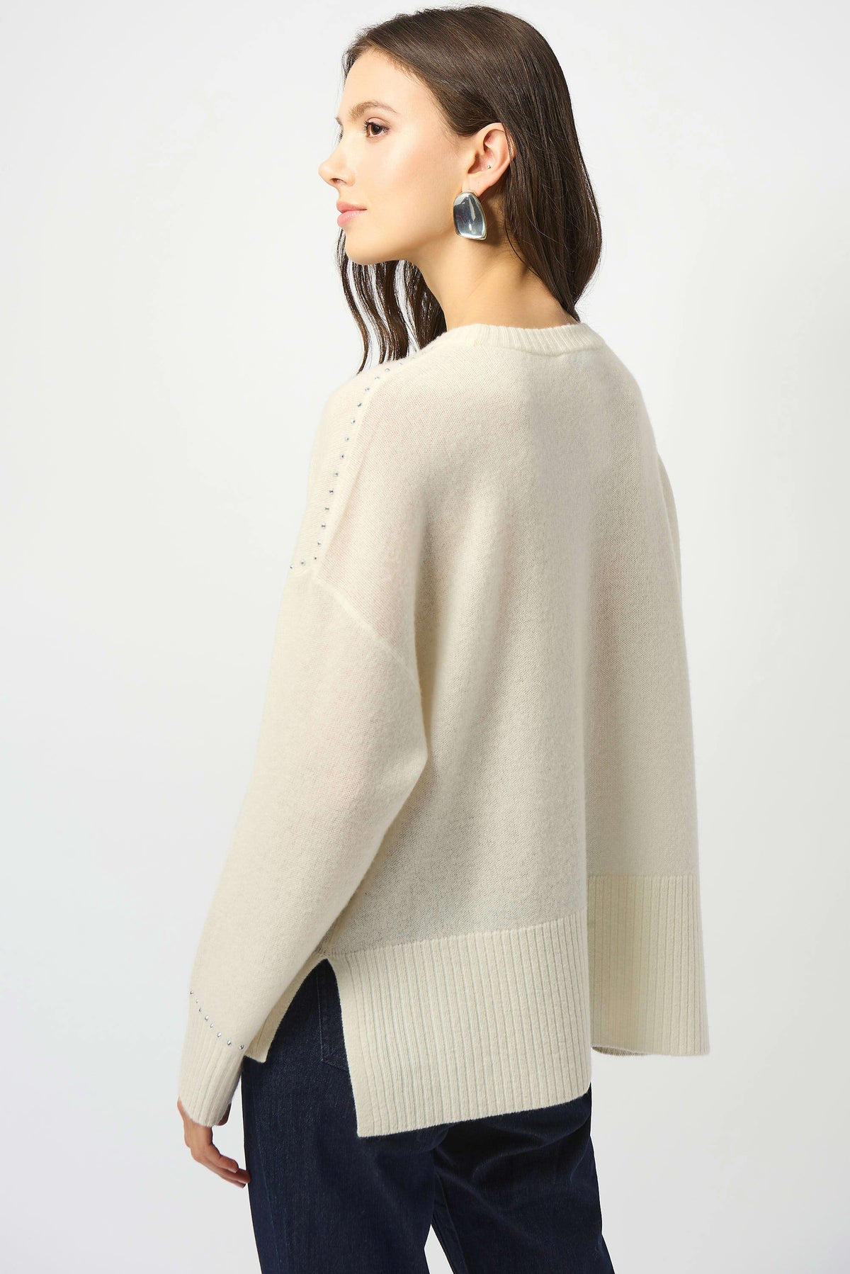Joseph Ribkoff Vanilla Cashmere Crew Neck Top with Stud Detailing