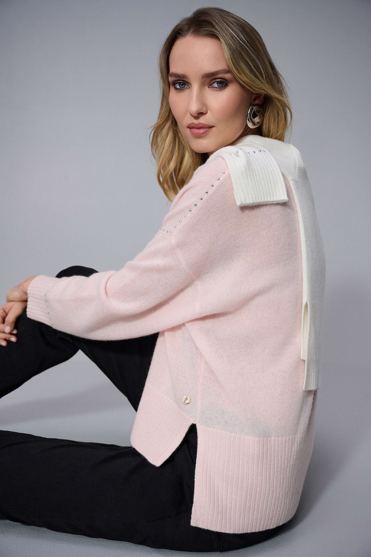 Joseph Ribkoff Rose Cashmere Crew Neck Top with Stud Detailing