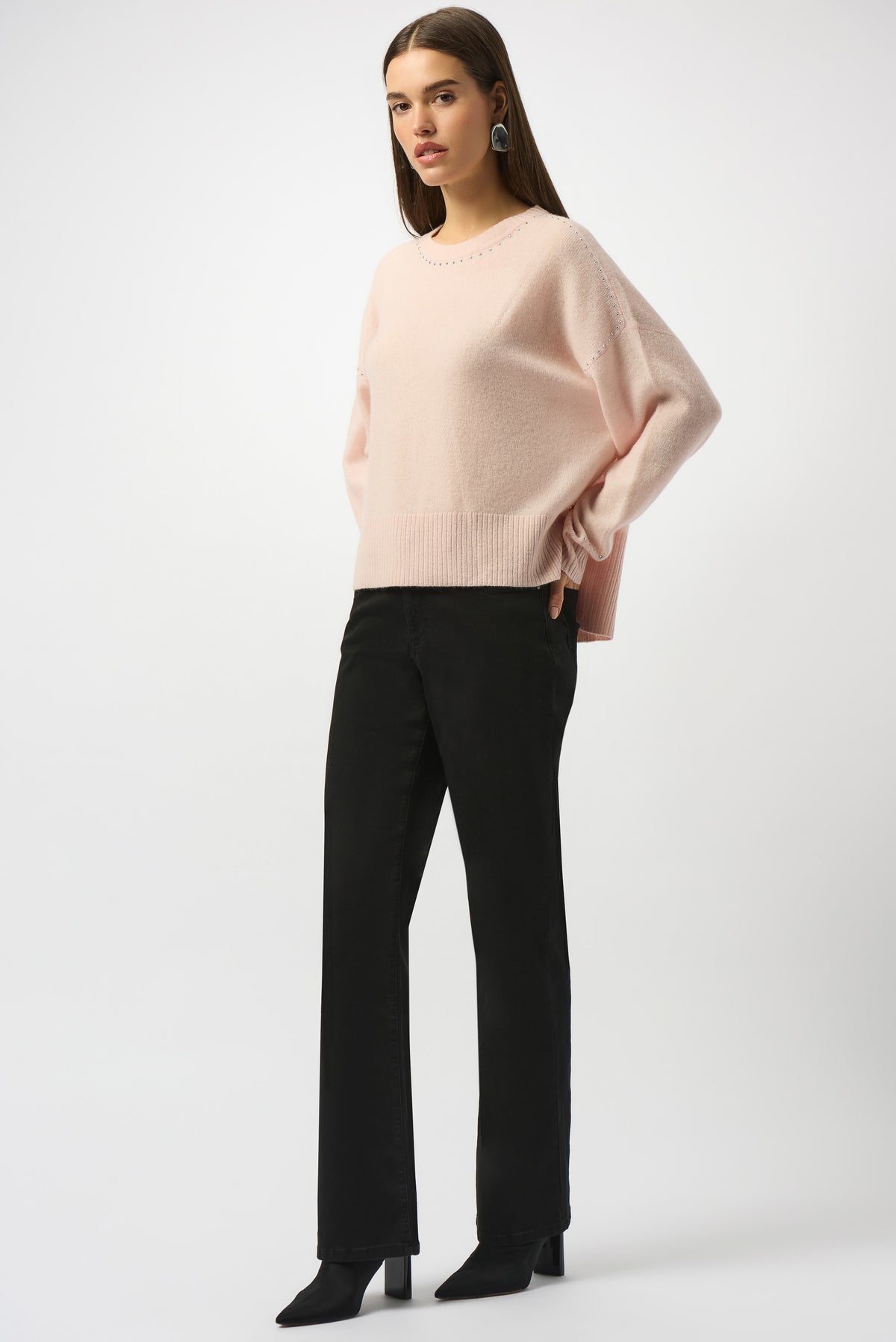 Joseph Ribkoff Rose Cashmere Crew Neck Top with Stud Detailing