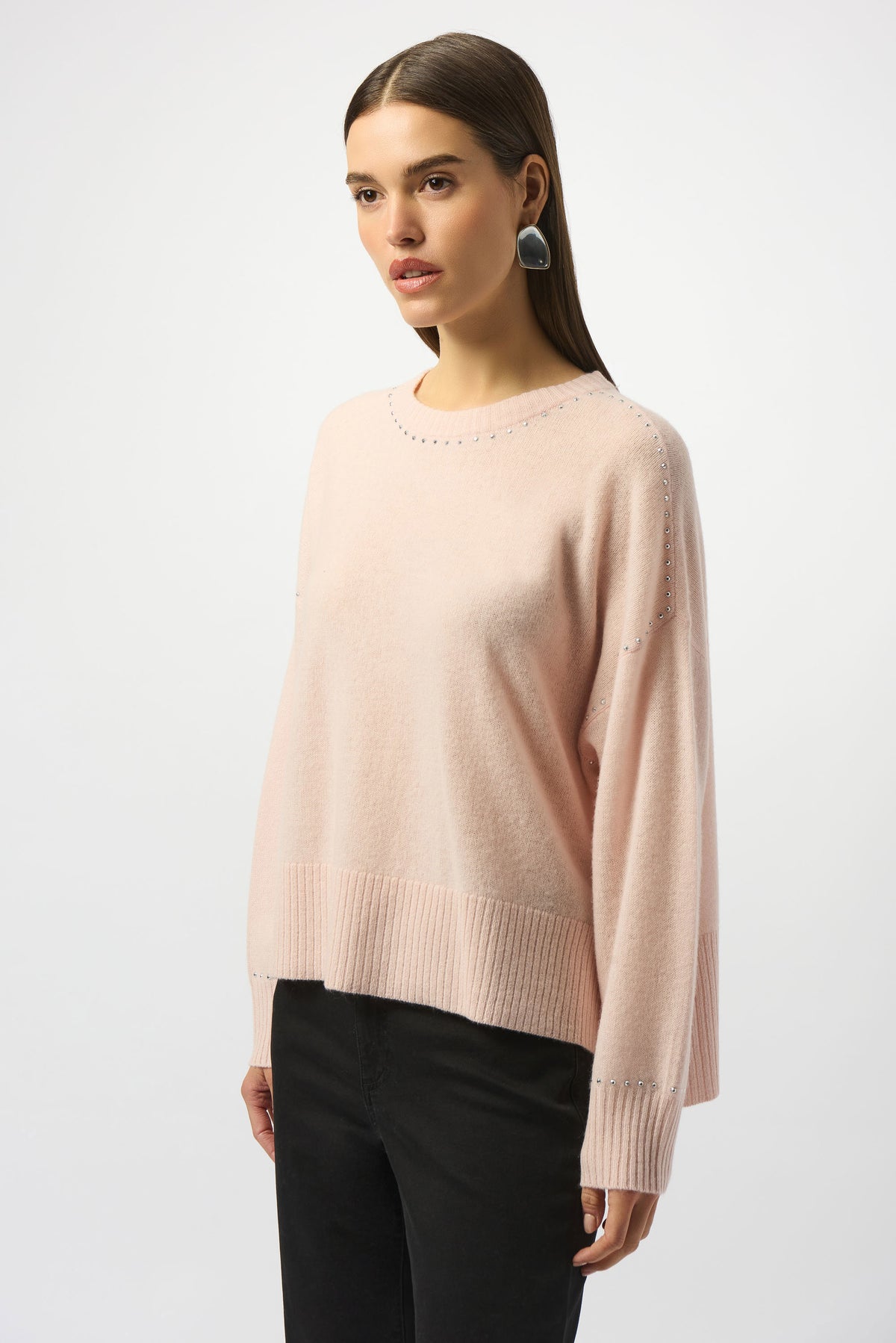 Joseph Ribkoff Rose Cashmere Crew Neck Top with Stud Detailing