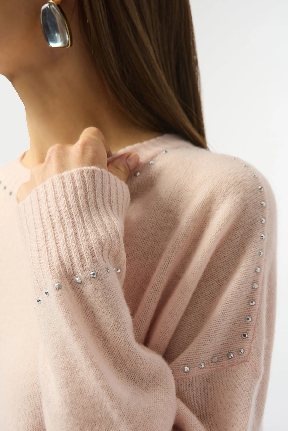 Joseph Ribkoff Rose Cashmere Crew Neck Top with Stud Detailing