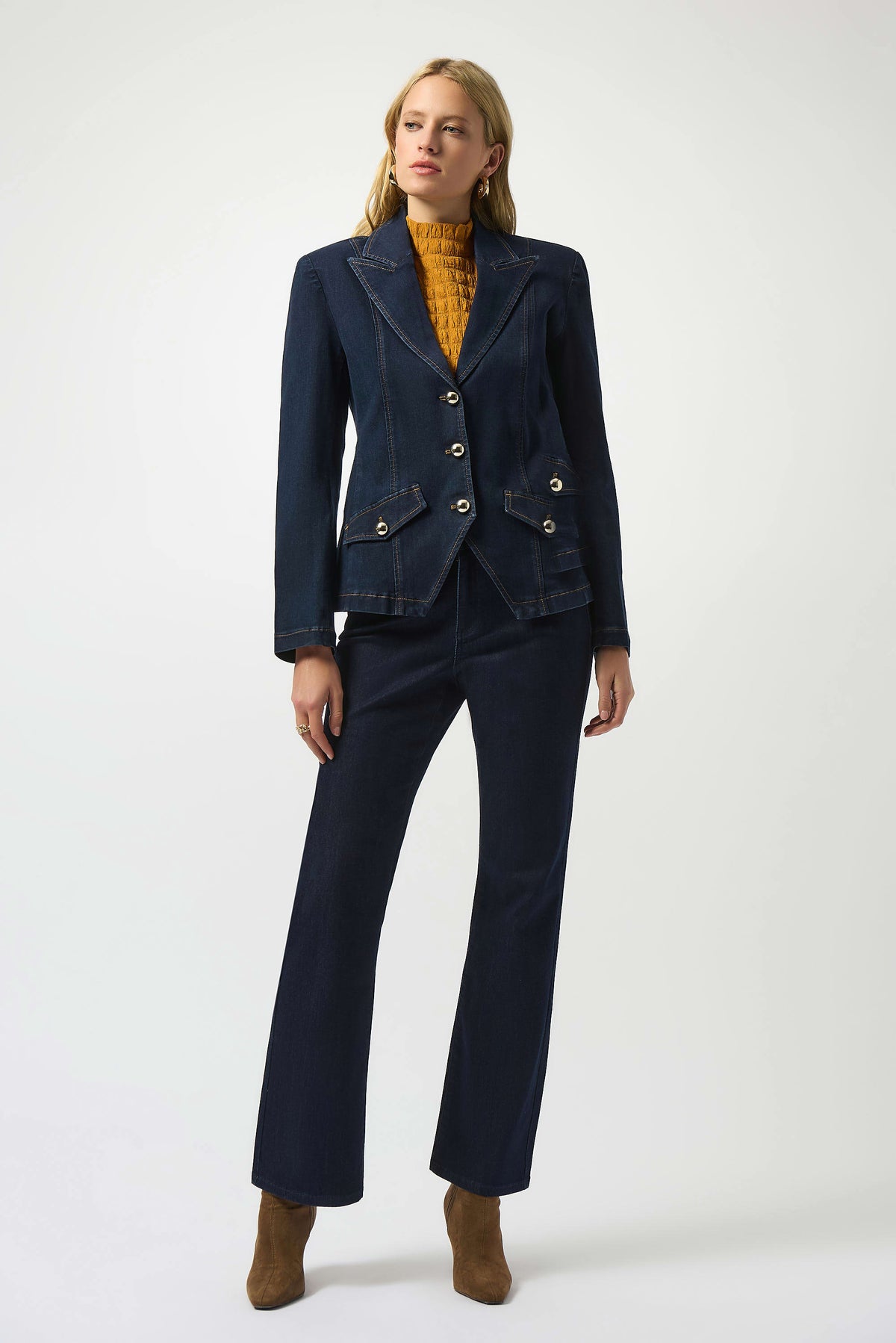 Joseph Ribkoff Stretch Denim Fitted Blazer with Gold Buttons
