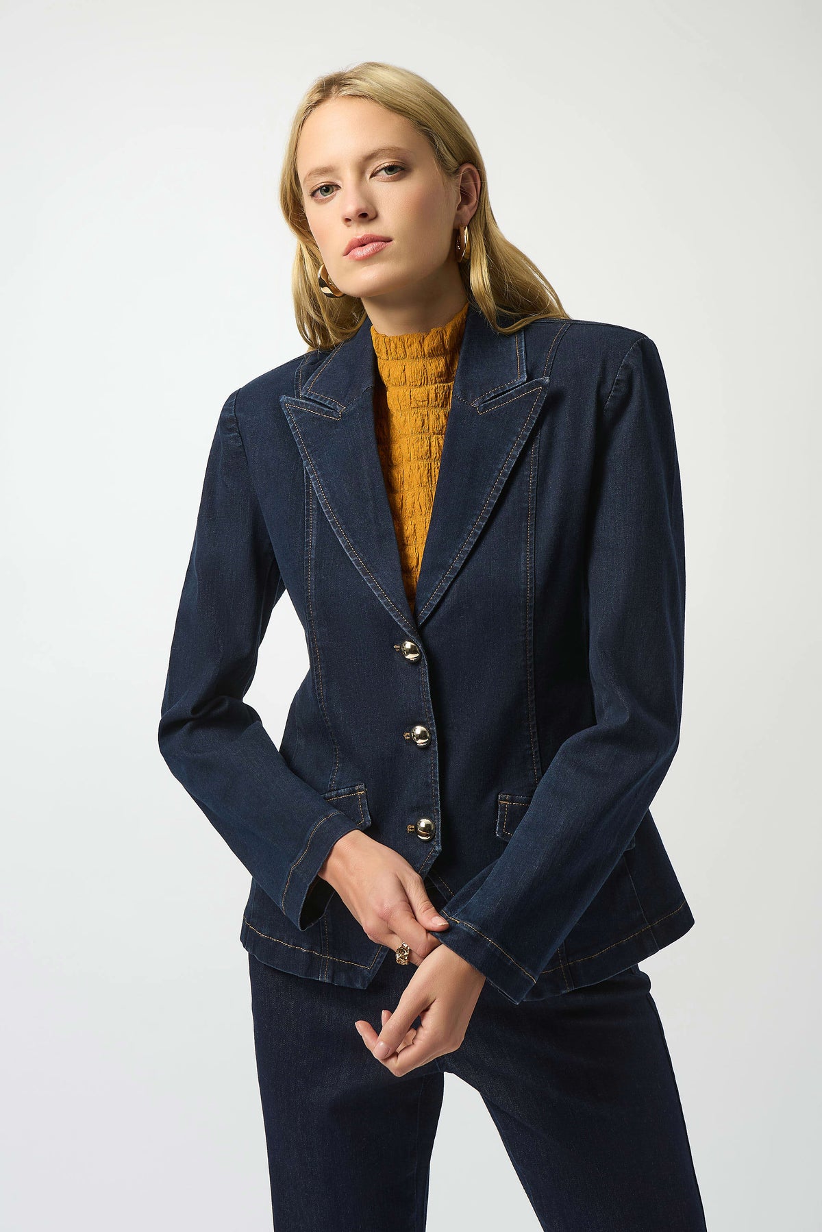 Joseph Ribkoff Stretch Denim Fitted Blazer with Gold Buttons