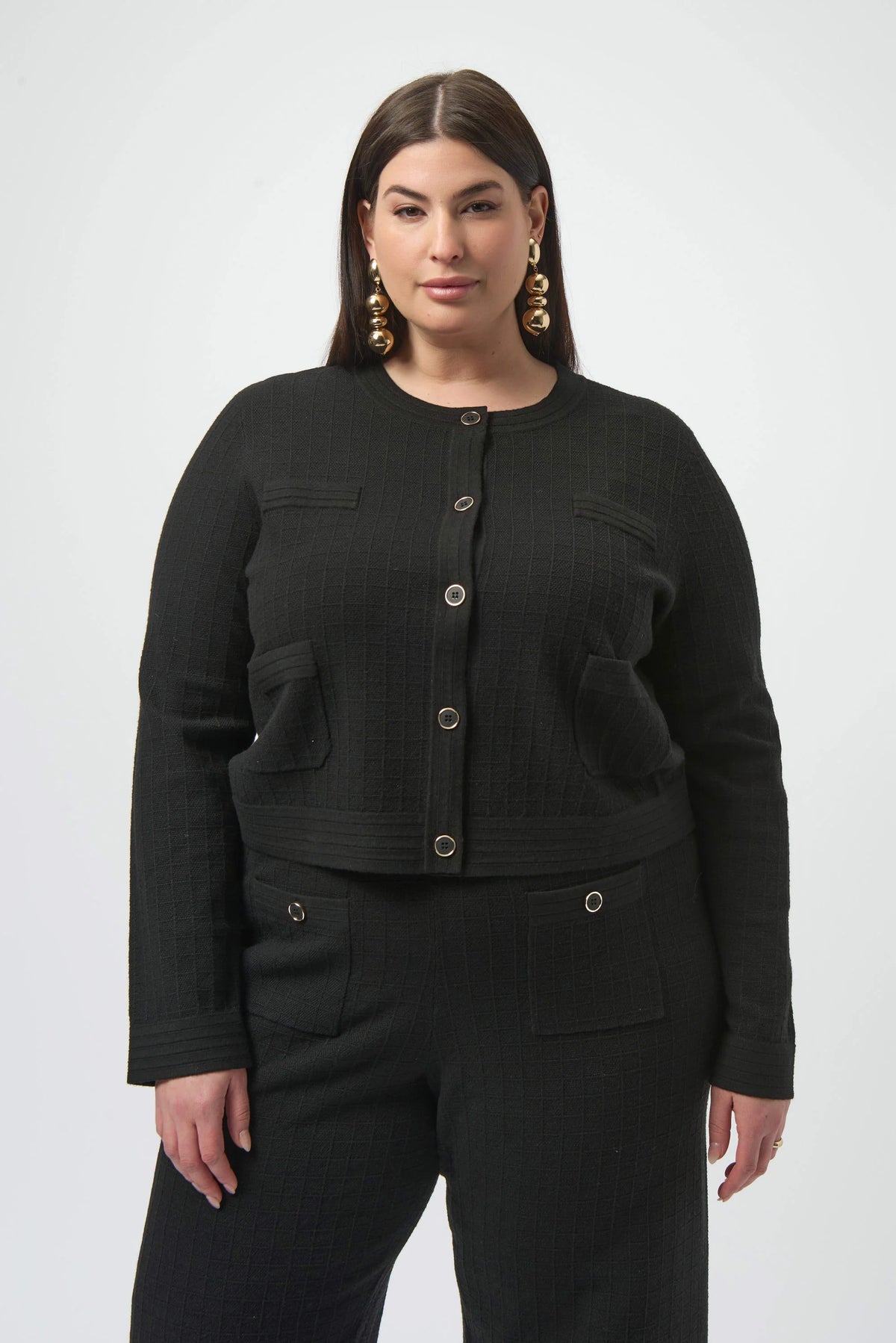 Joseph Ribkoff Black Sweater Knit Crew Neck Button-Front Jacket