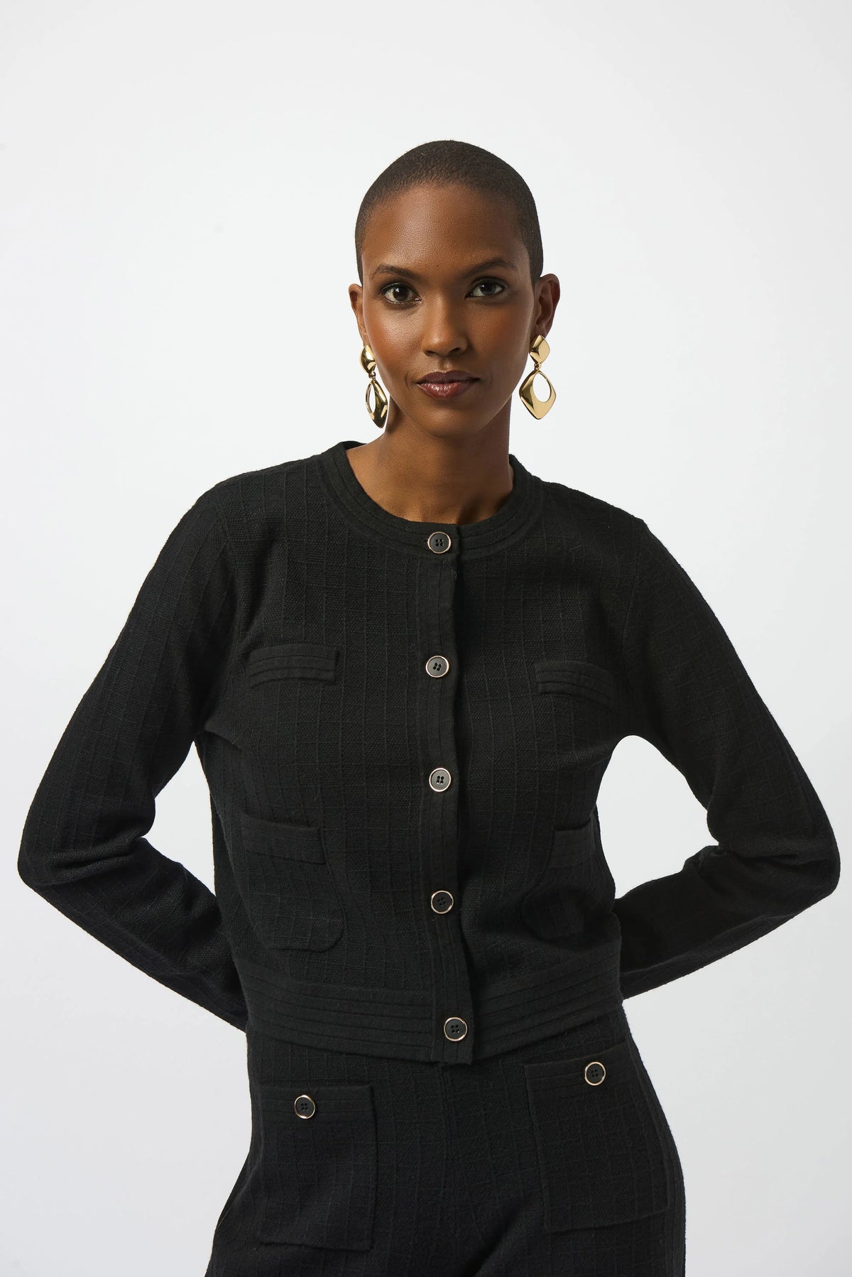 Joseph Ribkoff Black Sweater Knit Crew Neck Button-Front Jacket