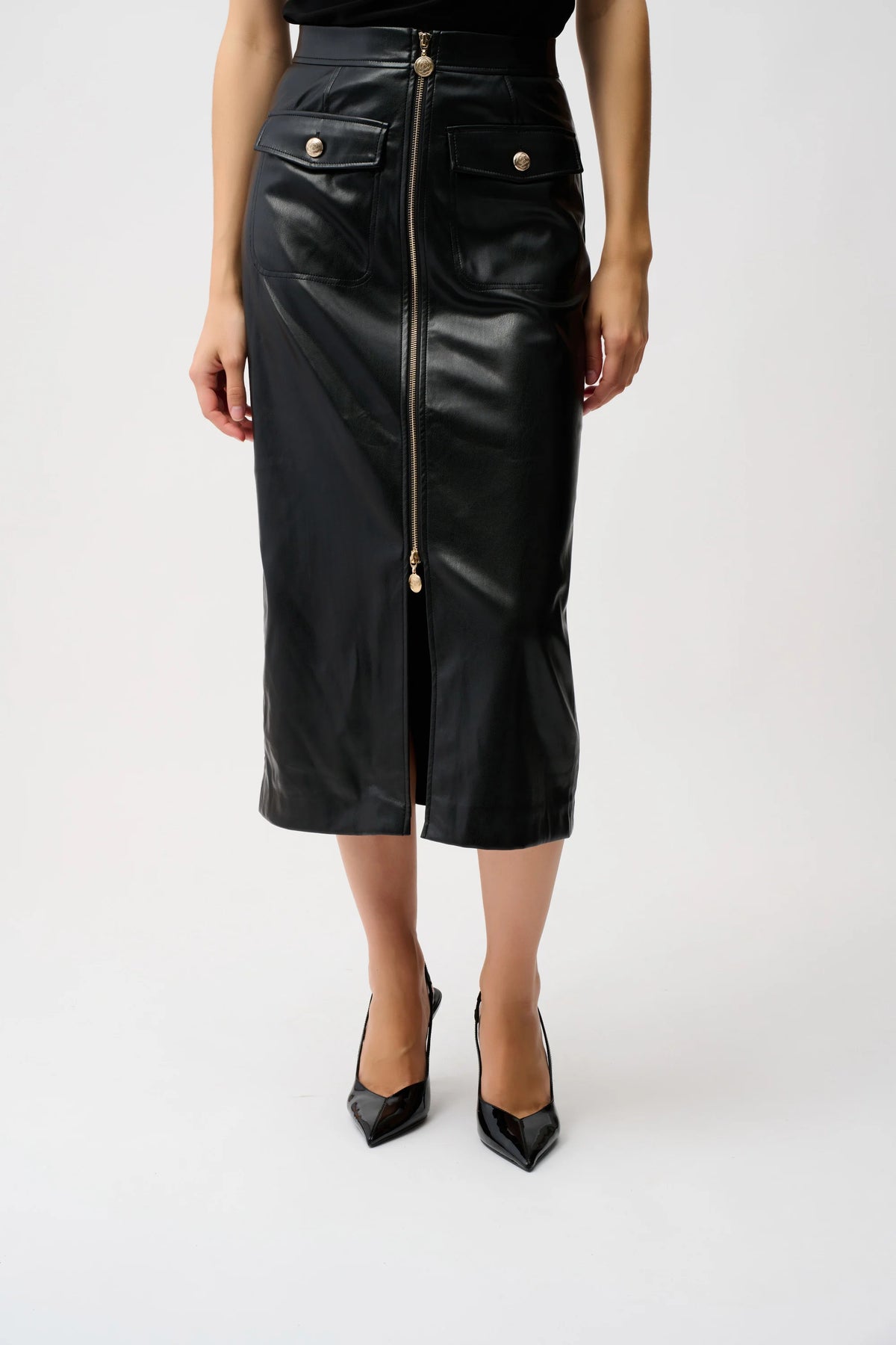 Joseph Ribkoff Black Leatherette Long Pencil Skirt