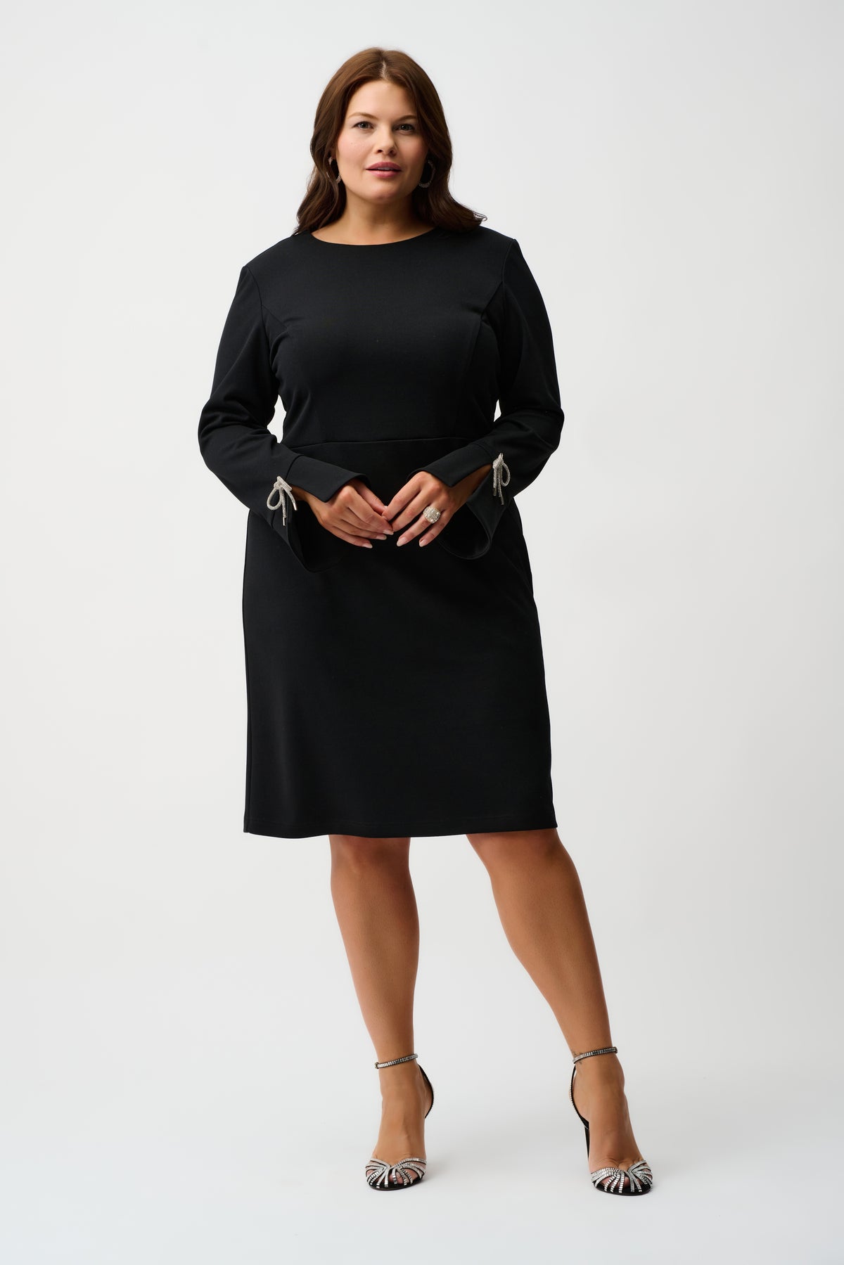 Joseph Ribkoff Black Scuba Crepe Shift Dress With Rhinestone Bows