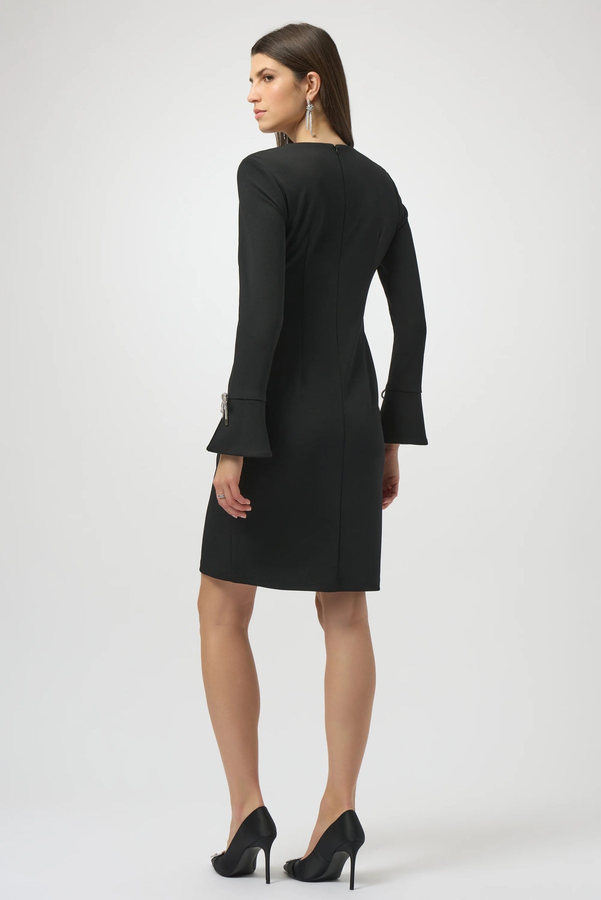 Joseph Ribkoff Black Scuba Crepe Shift Dress With Rhinestone Bows