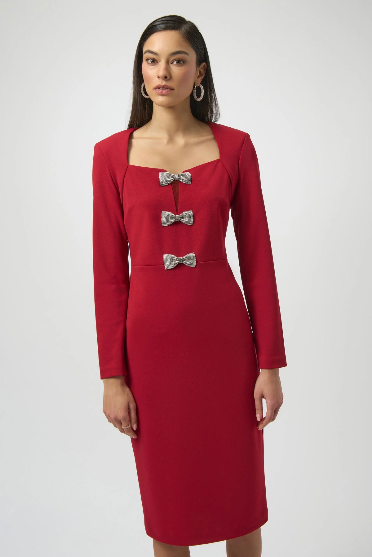 Joseph Ribkoff Deep Cherry Scuba Crepe Sheath Dress With Rhinestone Bows