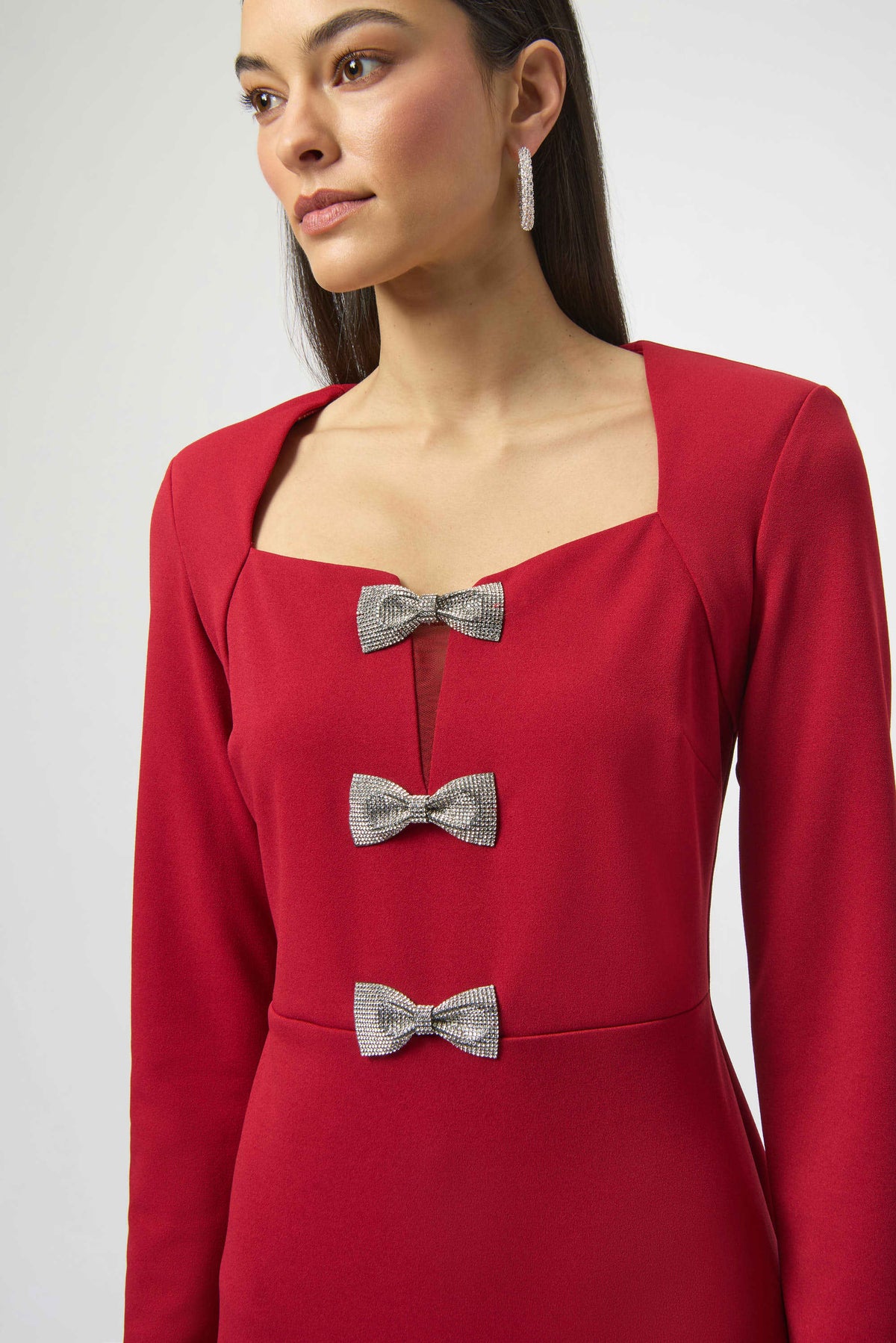 Joseph Ribkoff Deep Cherry Scuba Crepe Sheath Dress With Rhinestone Bows