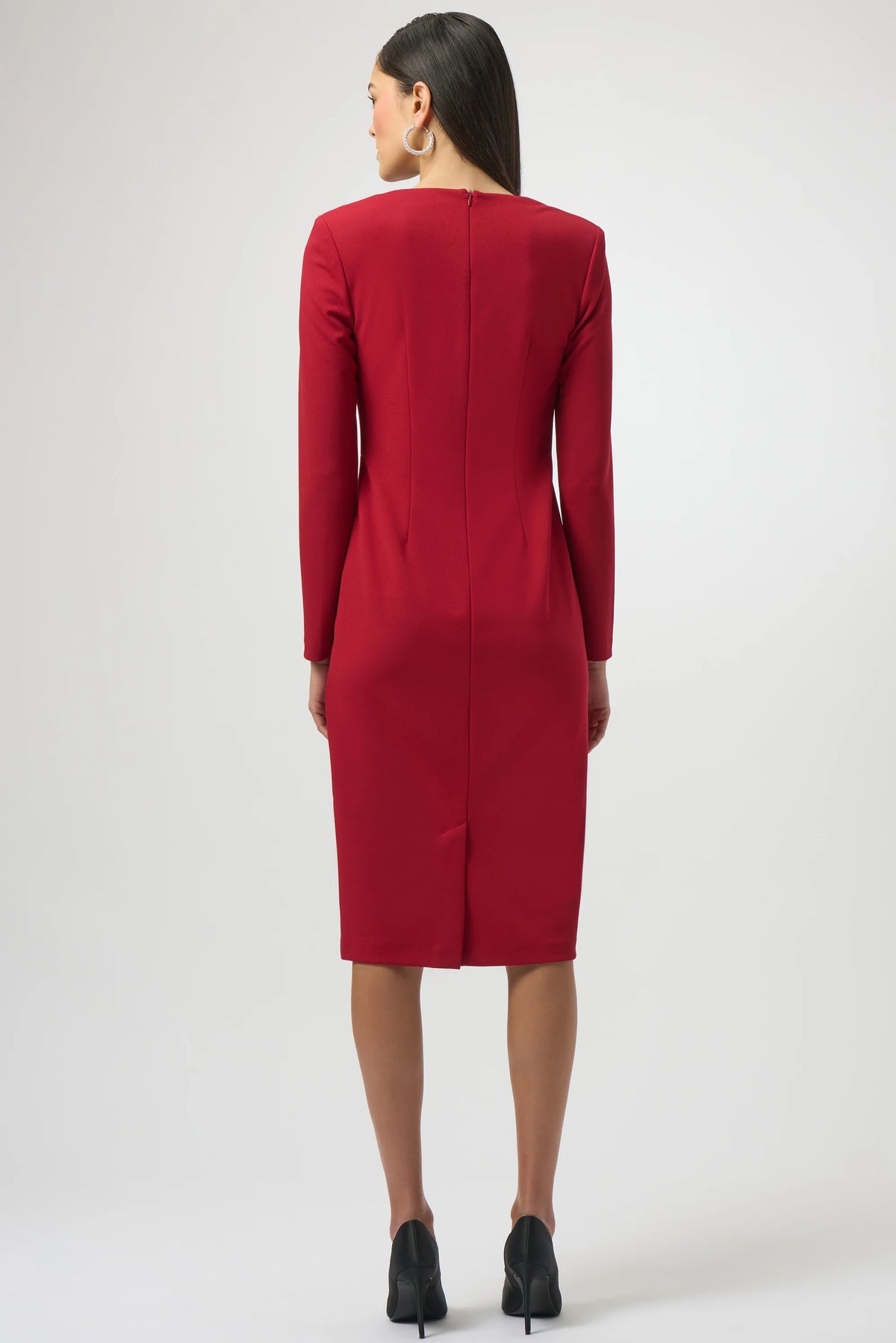 Joseph Ribkoff Deep Cherry Scuba Crepe Sheath Dress With Rhinestone Bows