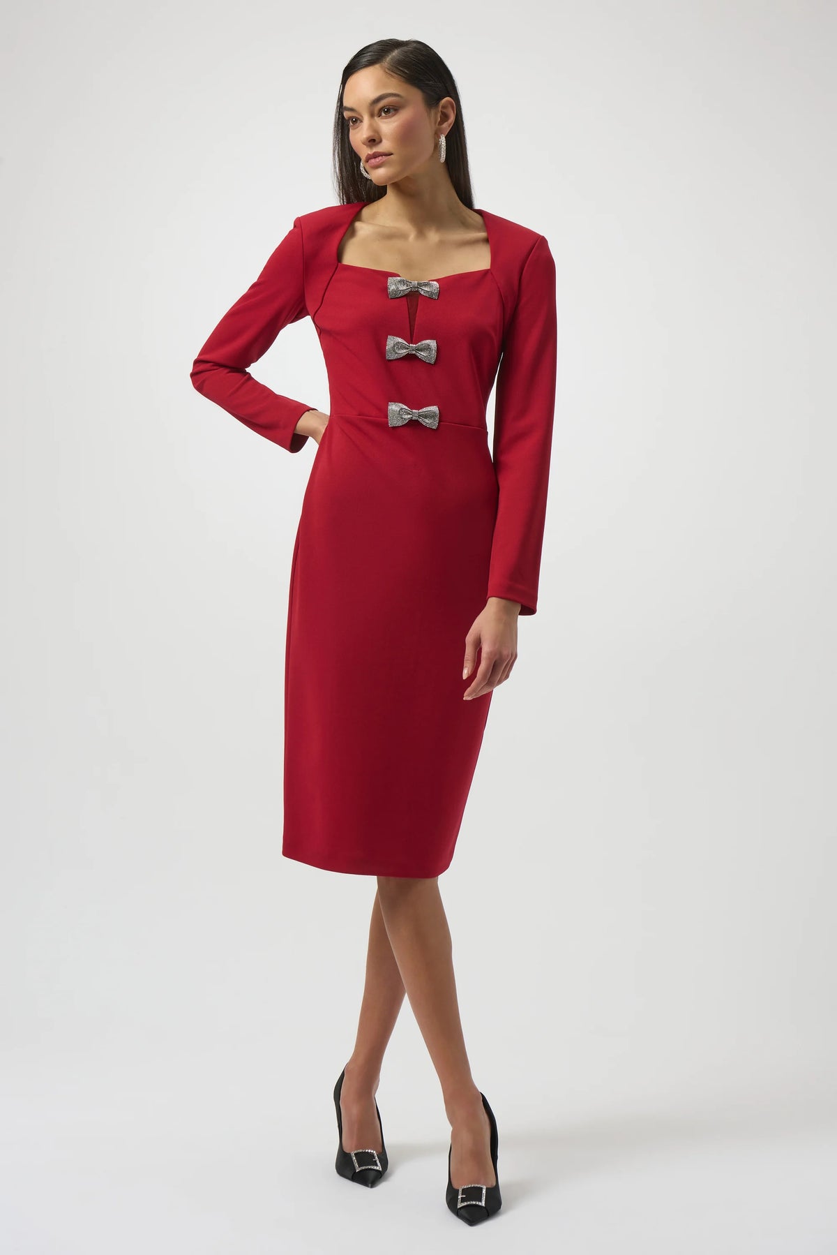 Joseph Ribkoff Deep Cherry Scuba Crepe Sheath Dress With Rhinestone Bows