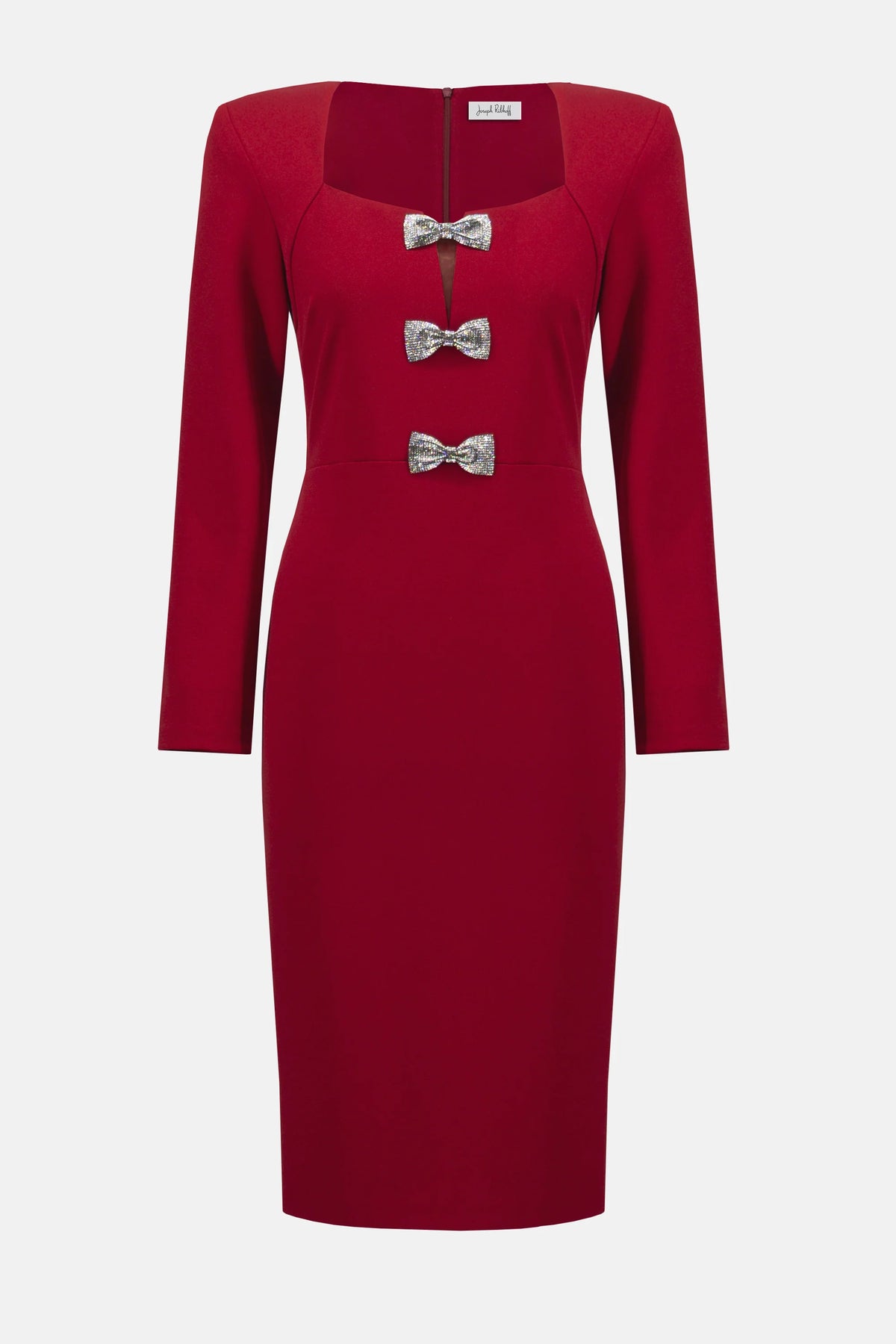 Joseph Ribkoff Deep Cherry Scuba Crepe Sheath Dress With Rhinestone Bows