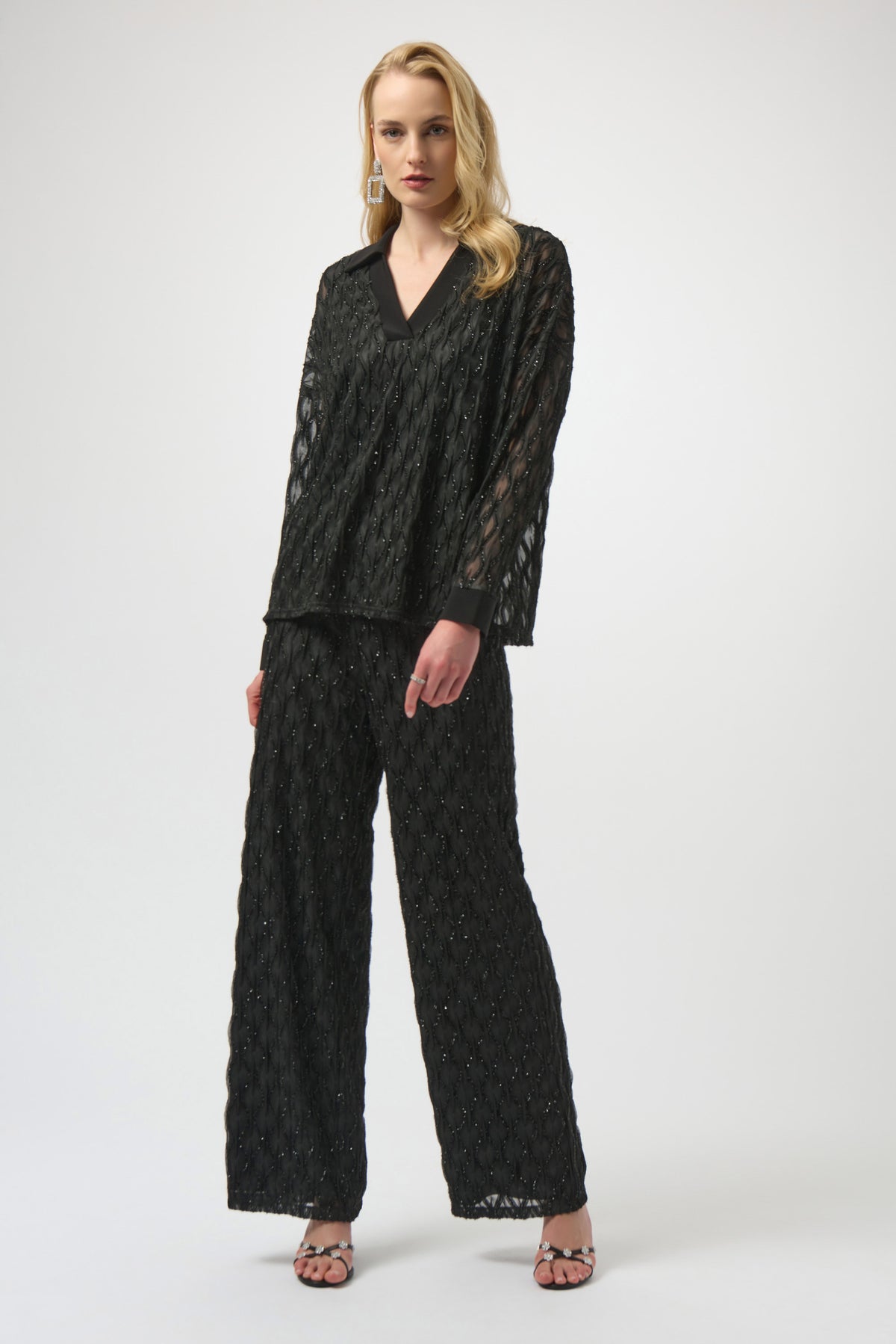 Joseph Ribkoff Black Lurex Cascade and Silky Knit Boxy Top