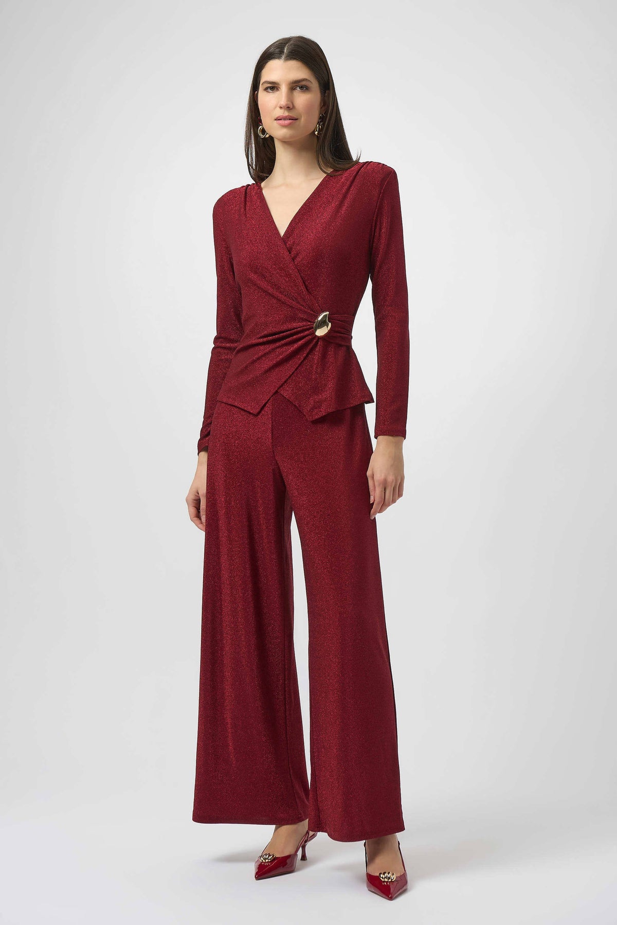 Joseph Ribkoff Deep Cherry Lurex Knit Wide-Leg Jumpsuit