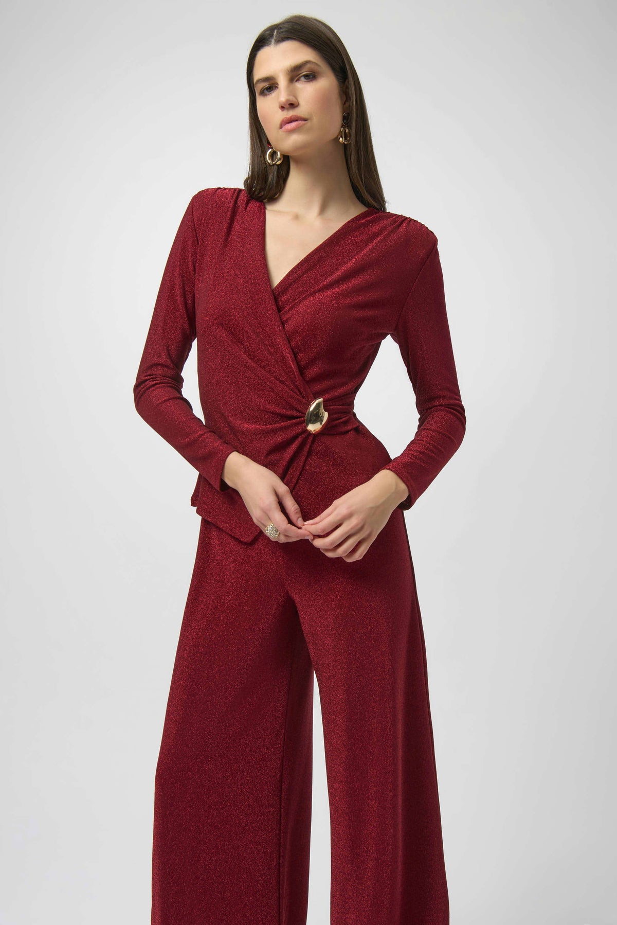 Joseph Ribkoff Deep Cherry Lurex Knit Wide-Leg Jumpsuit