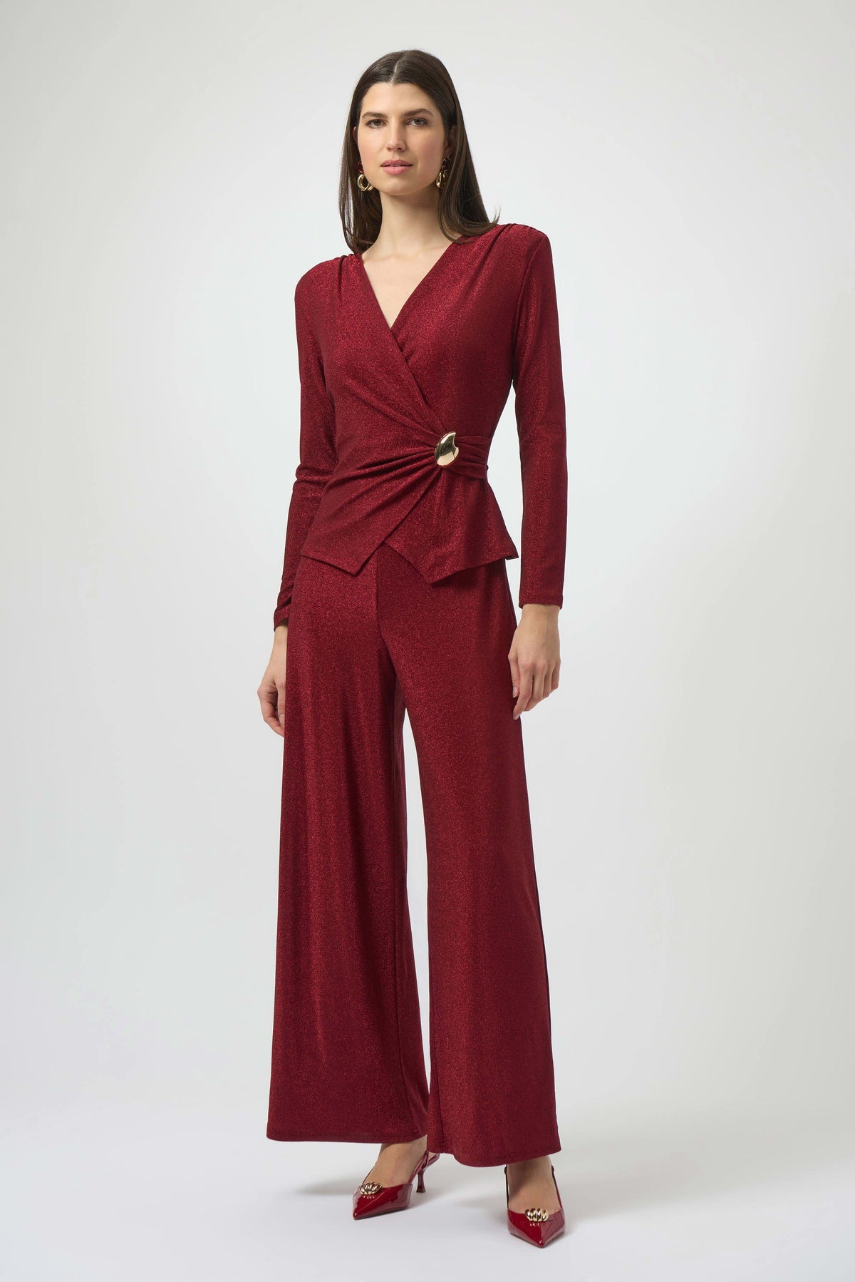 Joseph Ribkoff Deep Cherry Lurex Knit Wide-Leg Jumpsuit