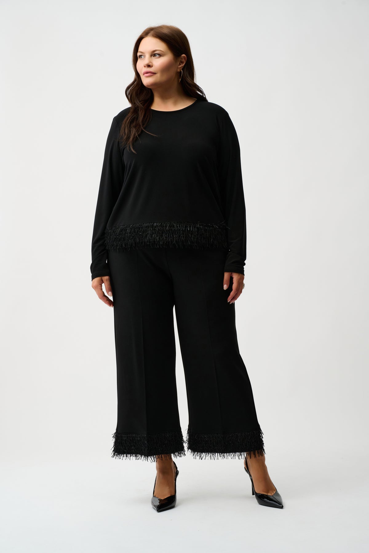 Joseph Ribkoff Black Silky Knit Culotte with Novelty Fringe Hem