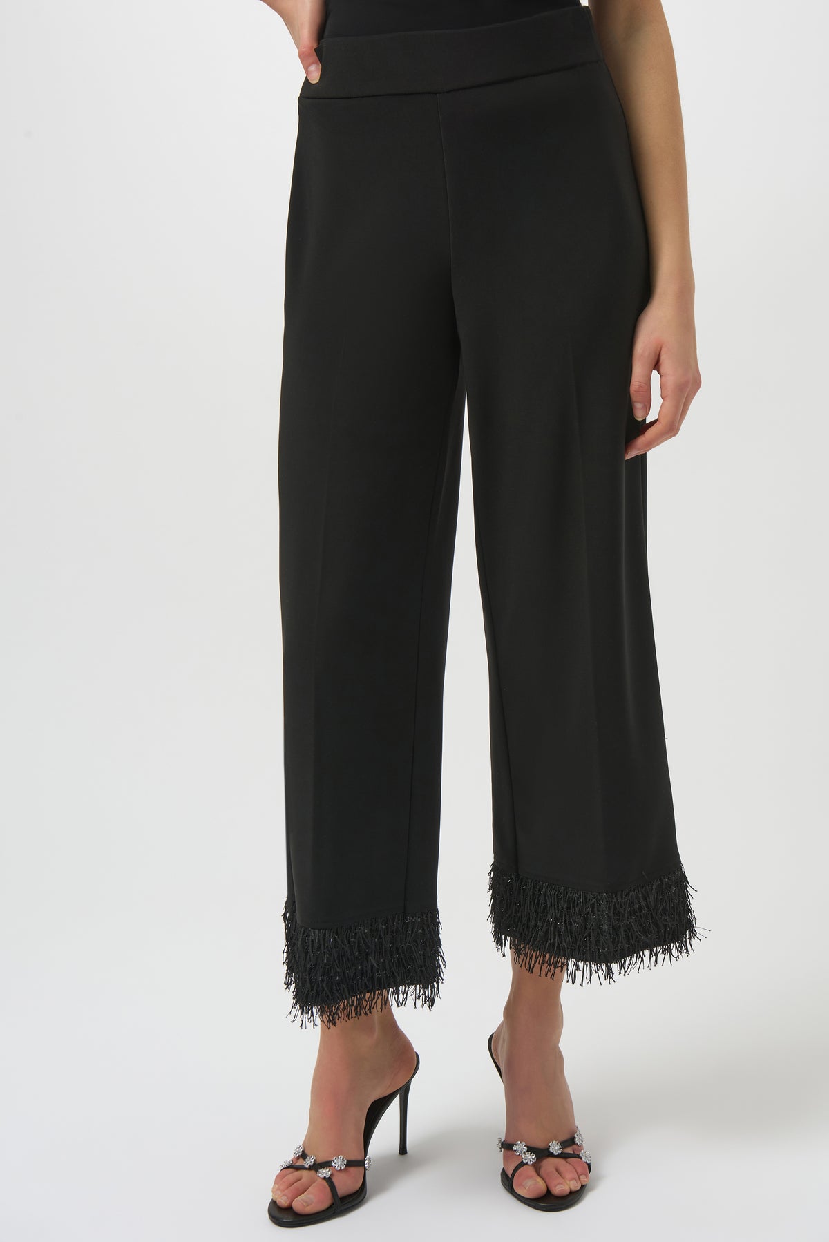 Joseph Ribkoff Black Silky Knit Culotte with Novelty Fringe Hem