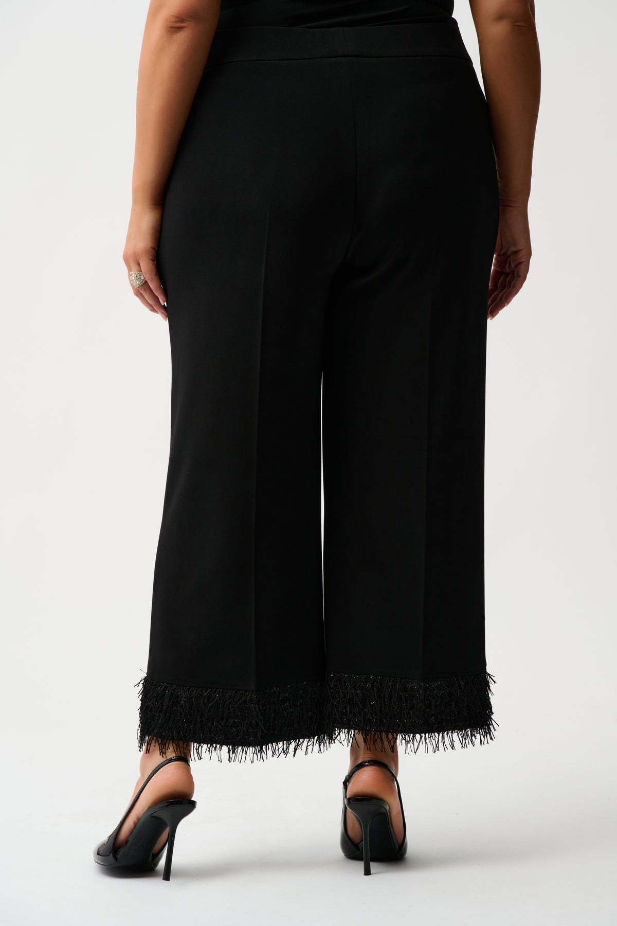 Joseph Ribkoff Black Silky Knit Culotte with Novelty Fringe Hem