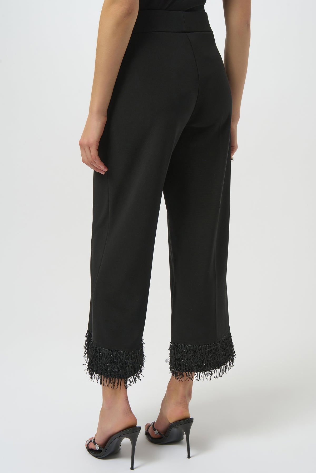 Joseph Ribkoff Black Silky Knit Culotte with Novelty Fringe Hem