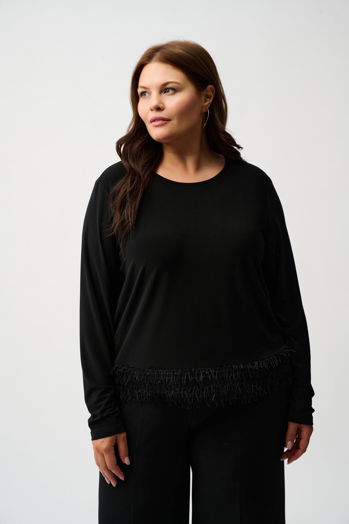 Joseph Ribkoff Black Silky Knit Top with Novelty Fringe Hem