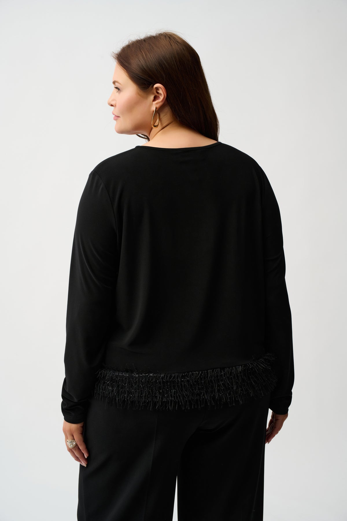 Joseph Ribkoff Black Silky Knit Top with Novelty Fringe Hem