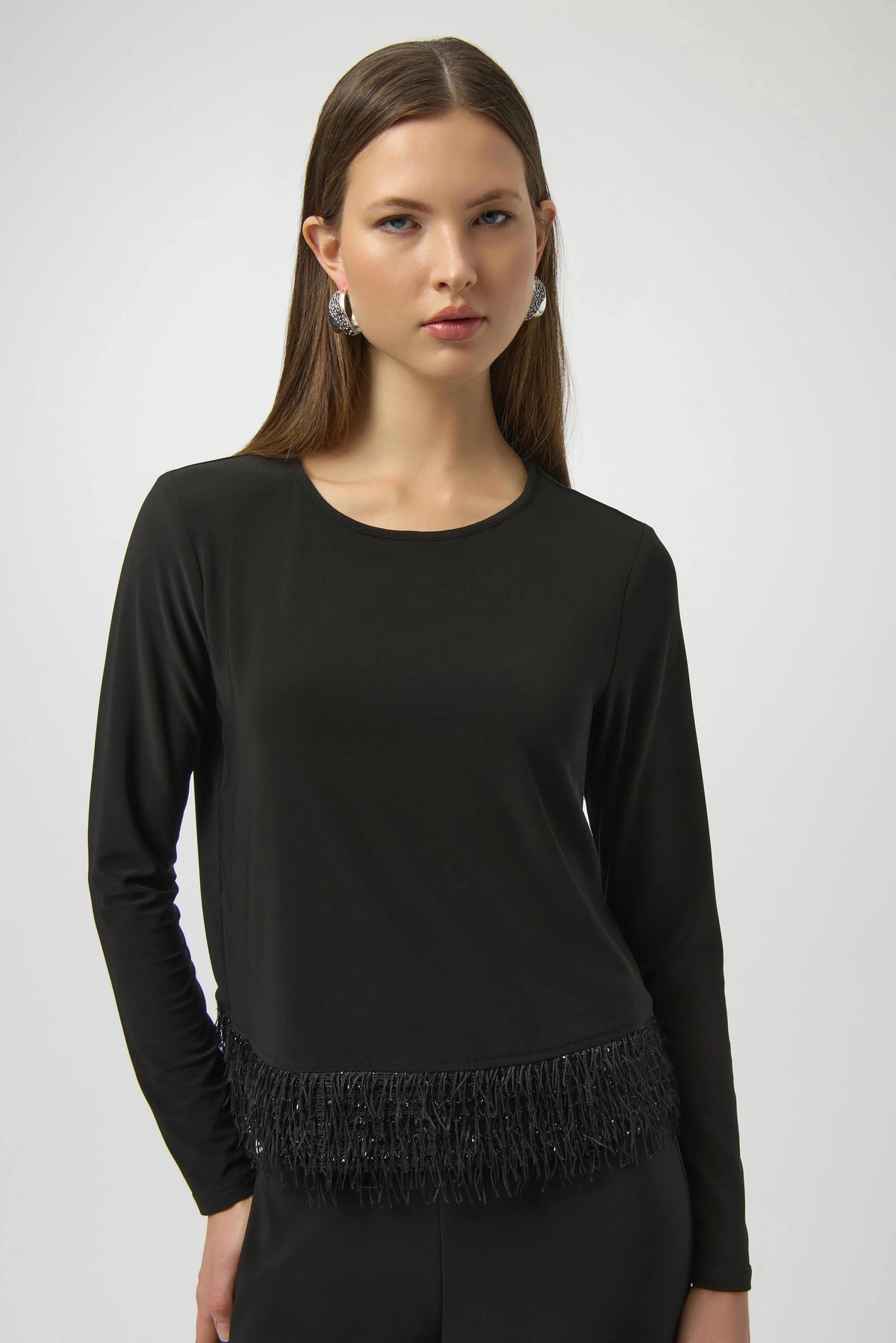 Joseph Ribkoff Black Silky Knit Top with Novelty Fringe Hem