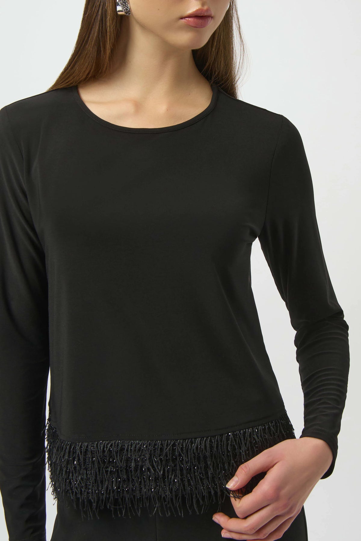 Joseph Ribkoff Black Silky Knit Top with Novelty Fringe Hem