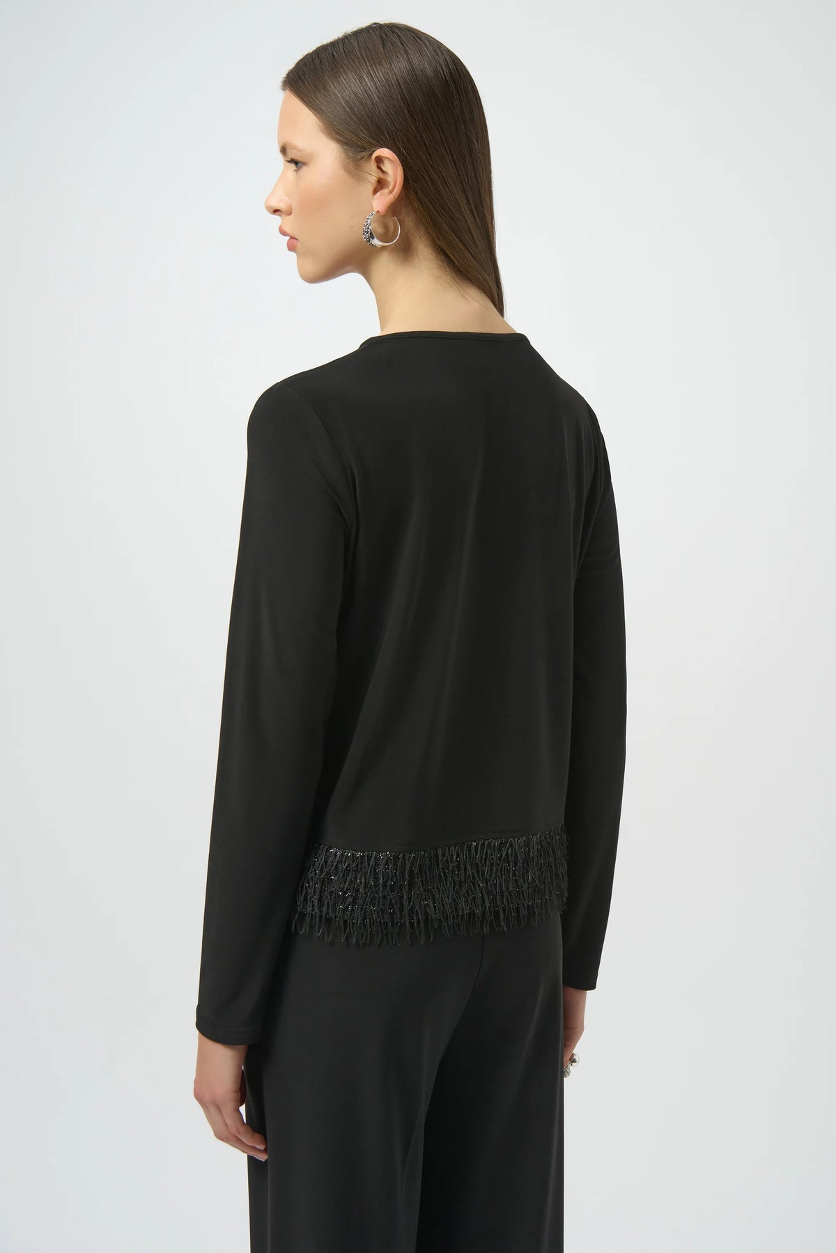 Joseph Ribkoff Black Silky Knit Top with Novelty Fringe Hem