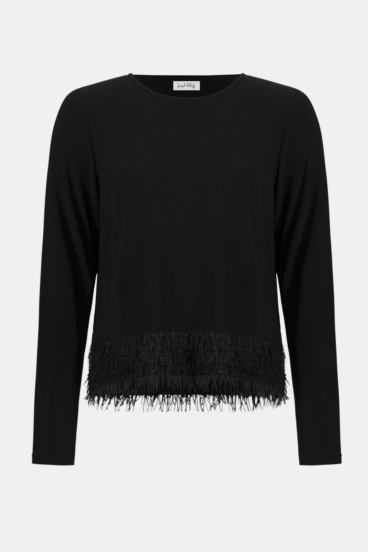 Joseph Ribkoff Black Silky Knit Top with Novelty Fringe Hem