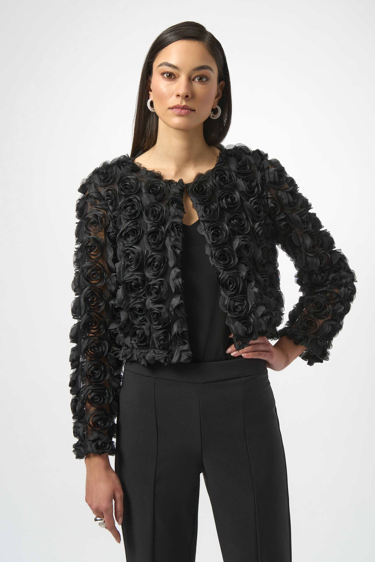Joseph Ribkoff Black Rosette Embroidered Straight Cover Up
