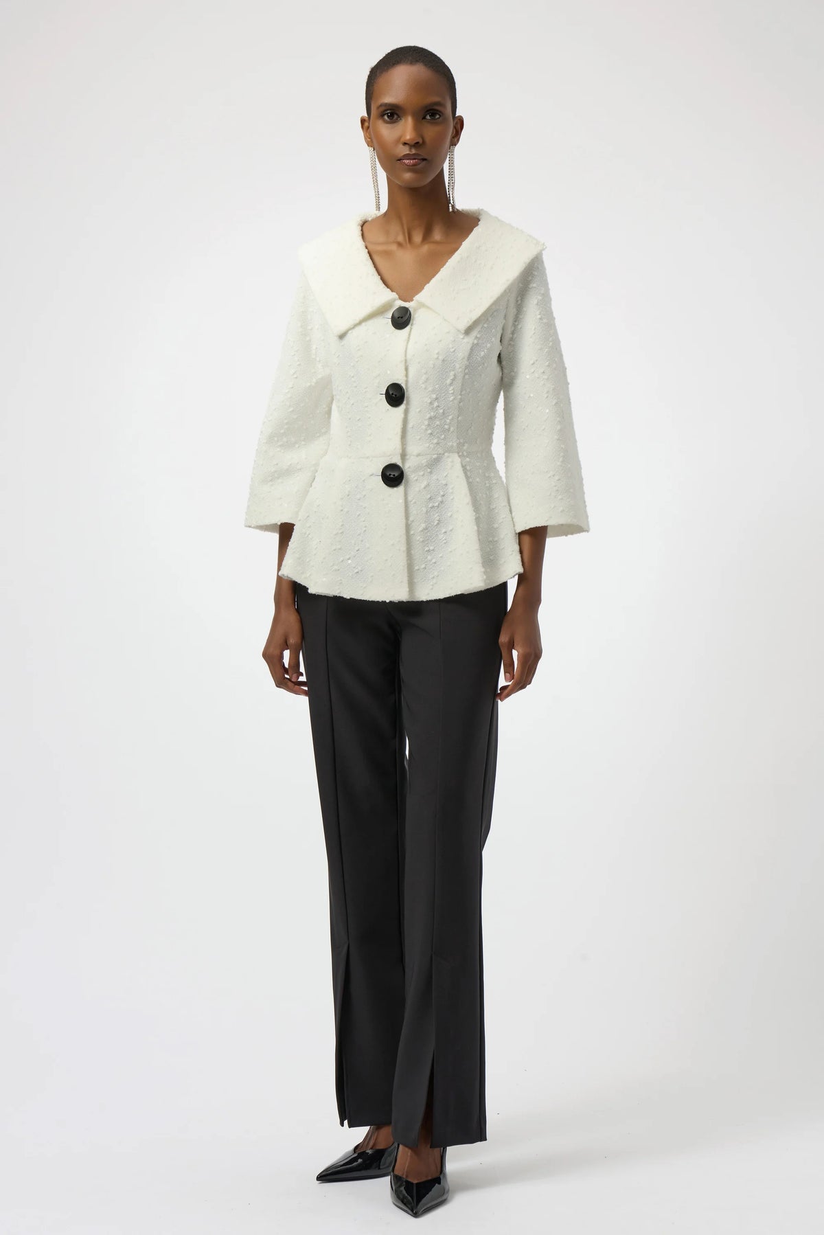 Joseph Ribkoff Winter White Sequined Bouclé Knit Peplum Jacket