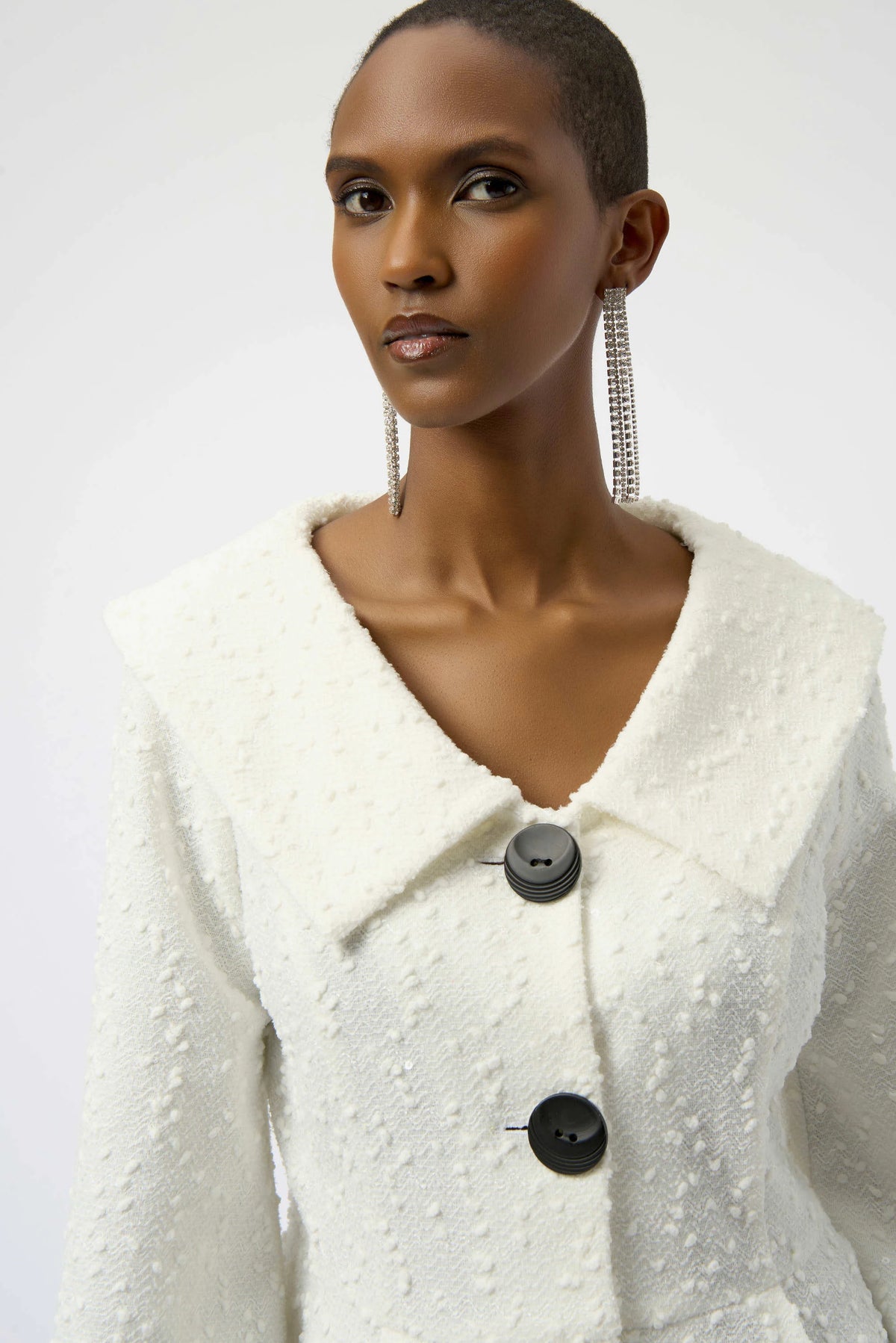 Joseph Ribkoff Winter White Sequined Bouclé Knit Peplum Jacket