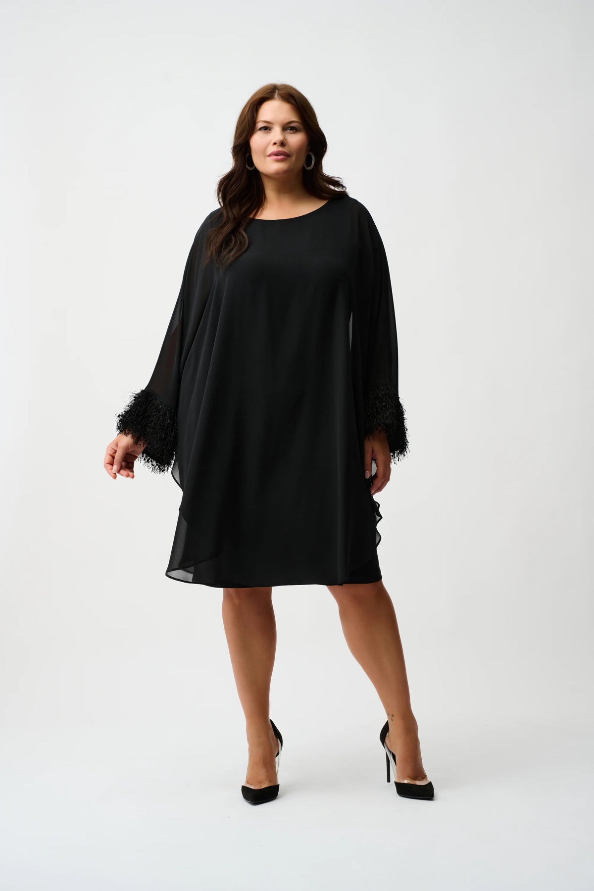 Joseph Ribkoff Silky Knit &amp; Chiffon Layered Dress with Fringe Detail