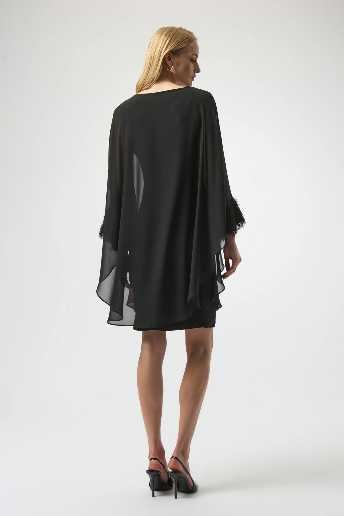 Joseph Ribkoff Silky Knit &amp; Chiffon Layered Dress with Fringe Detail