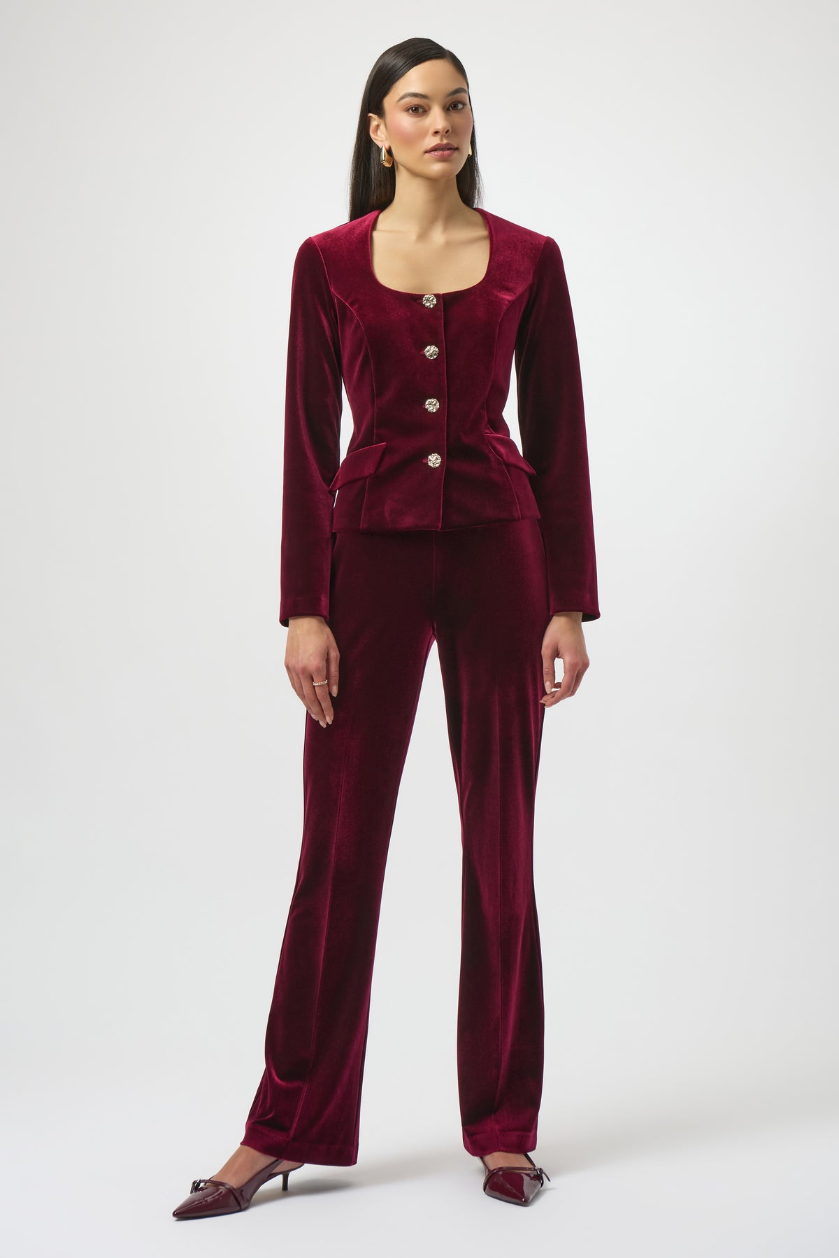 Joseph Ribkoff Burgandy Velvet Flared Pull-On Pants
