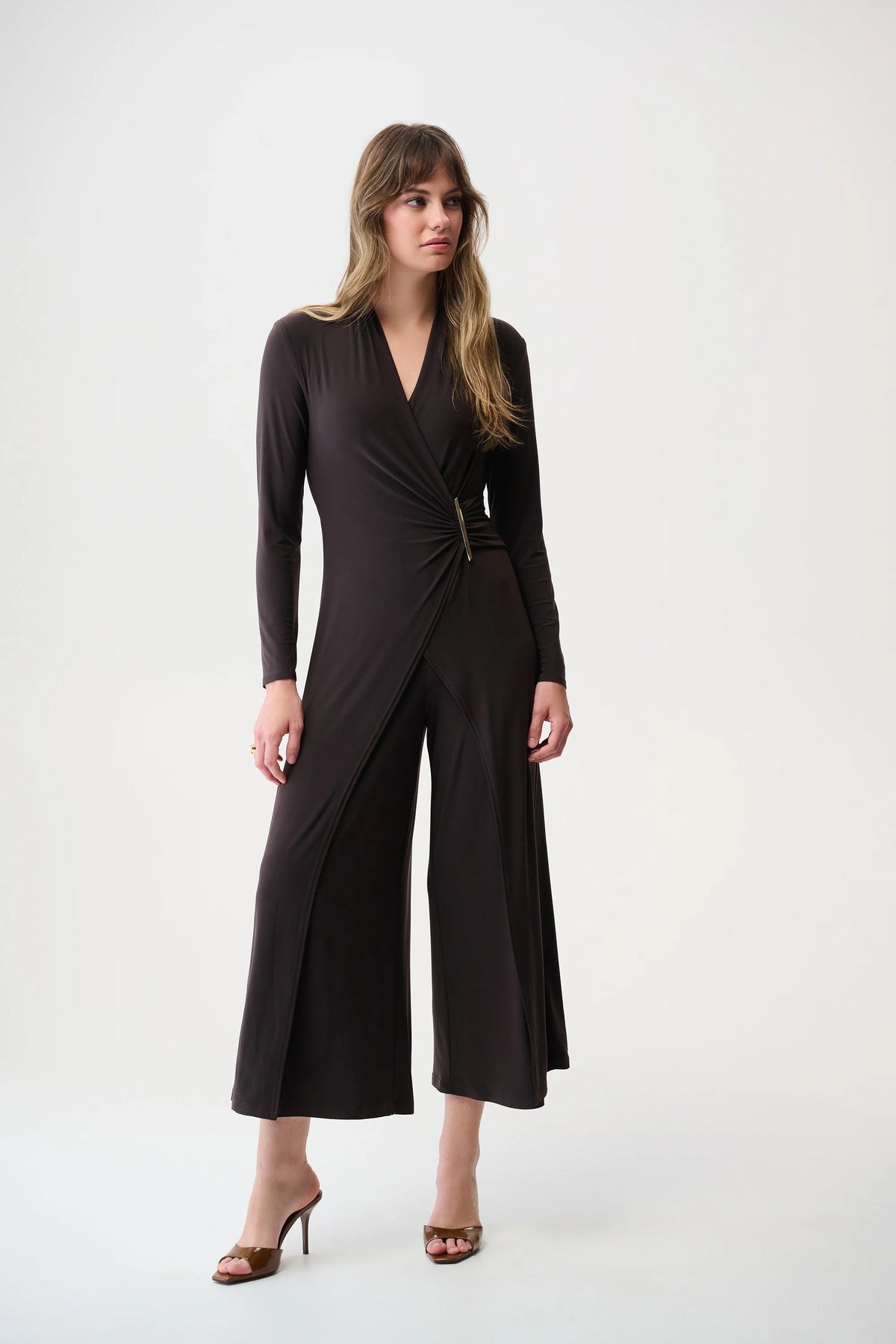 Joseph Ribkoff Mocha Silky Knit Wide Leg Wrap Jumpsuit with Ornament Detail
