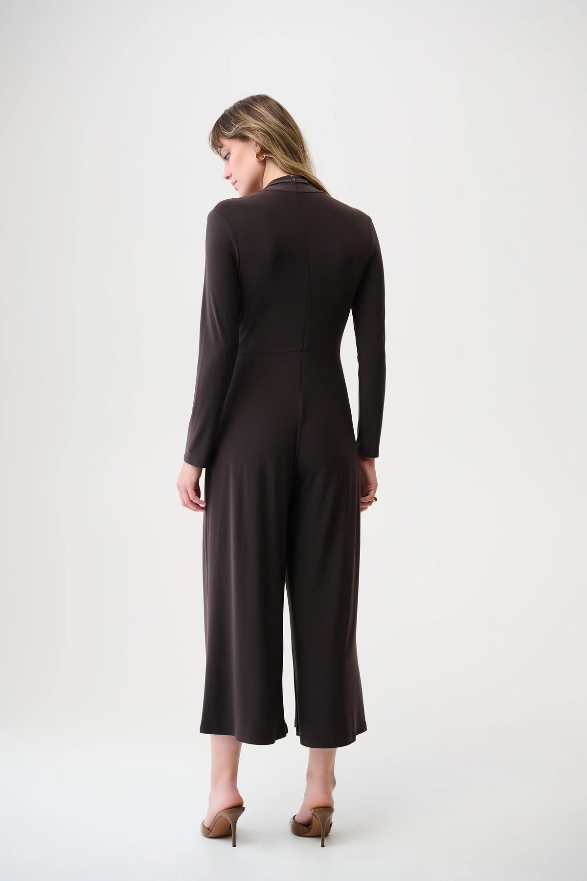 Joseph Ribkoff Mocha Silky Knit Wide Leg Wrap Jumpsuit with Ornament Detail