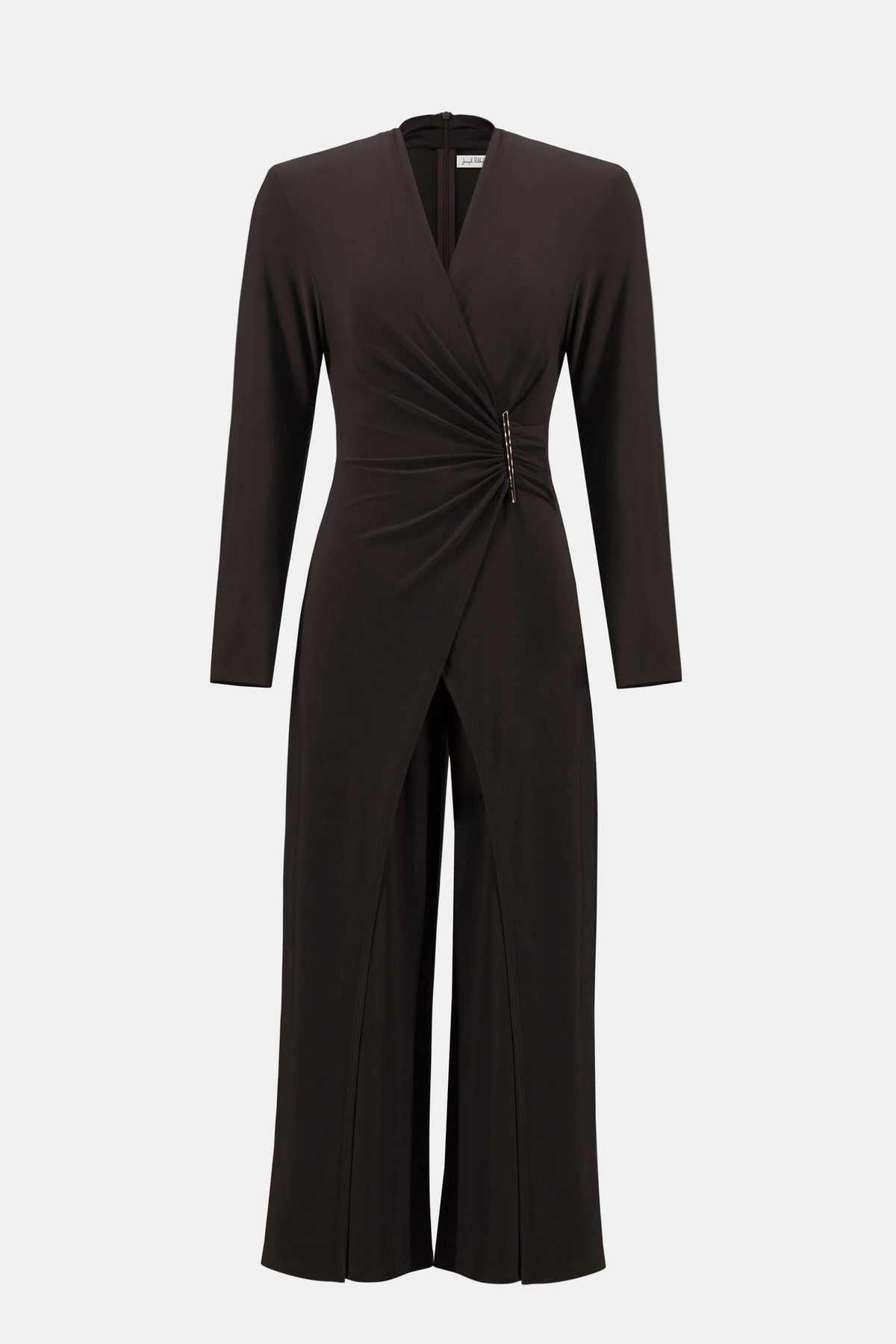 Joseph Ribkoff Mocha Silky Knit Wide Leg Wrap Jumpsuit with Ornament Detail