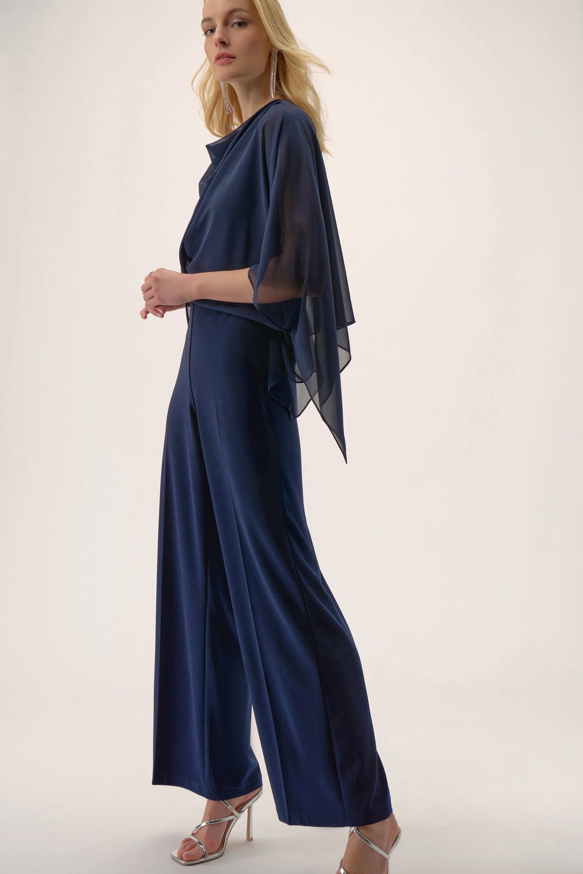 Joseph Ribkoff Midnight Blue Signature | Silky Knit Wide Leg Jumpsuit with Chiffon Overlay