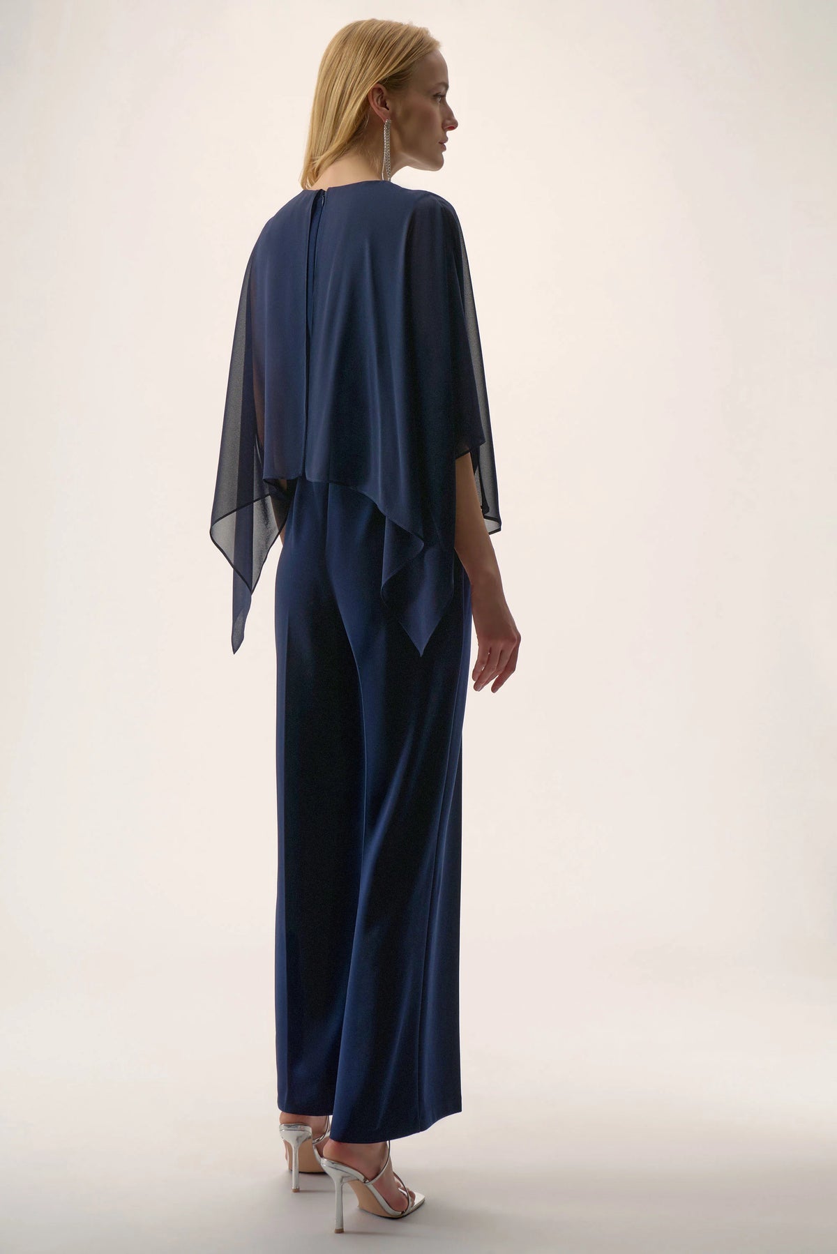 Joseph Ribkoff Midnight Blue Signature | Silky Knit Wide Leg Jumpsuit with Chiffon Overlay