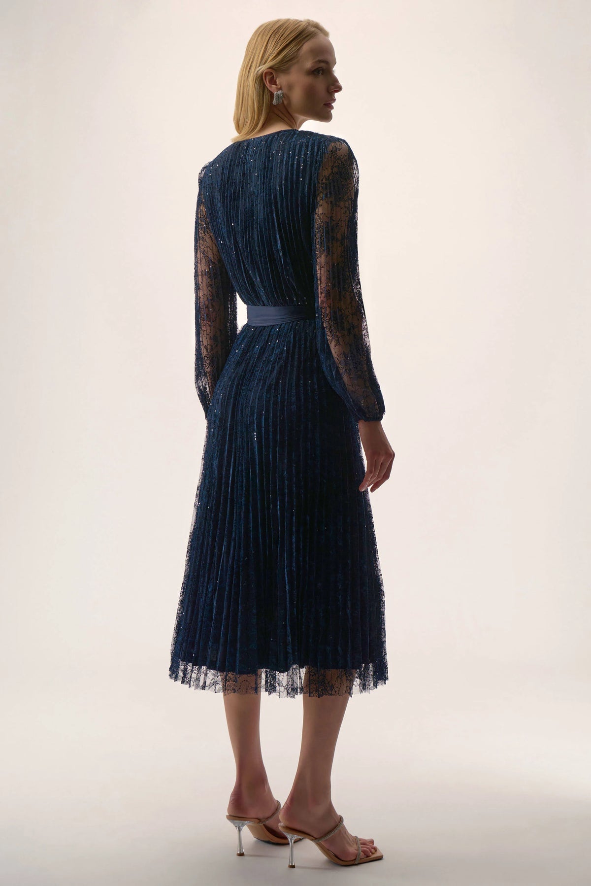 Joseph Ribkoff Sequined Pleated Lace Fit and Flare Dress