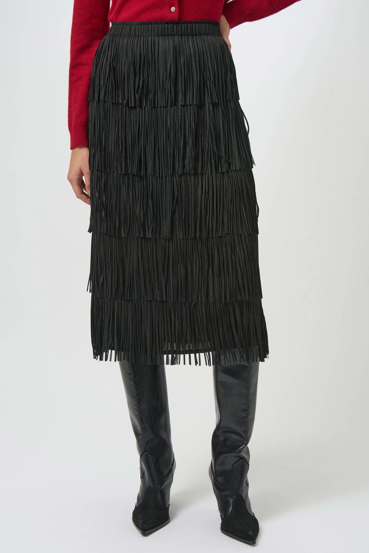 Joseph Ribkoff Black Pleated Pencil Skirt with Tiered Fringes