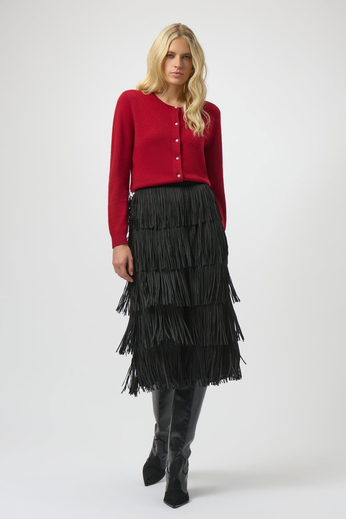 Joseph Ribkoff Black Pleated Pencil Skirt with Tiered Fringes