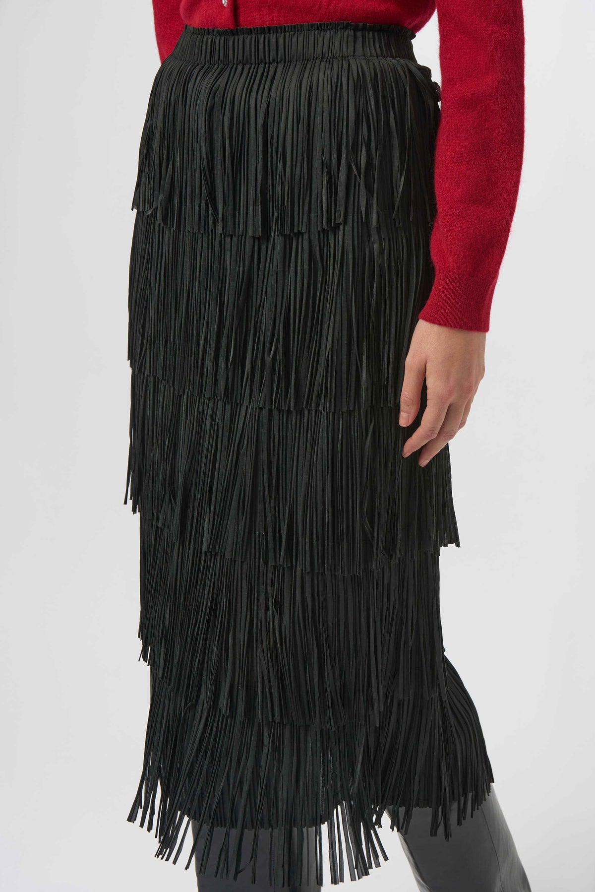 Joseph Ribkoff Black Pleated Pencil Skirt with Tiered Fringes