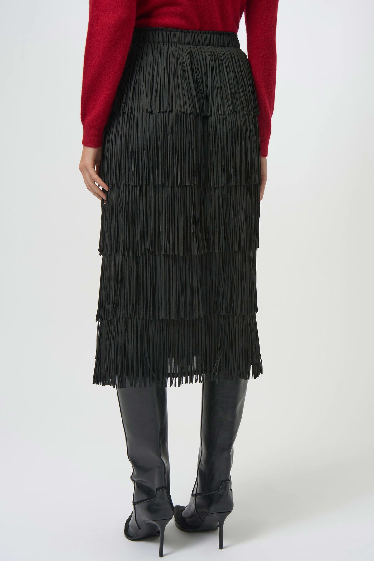 Joseph Ribkoff Black Pleated Pencil Skirt with Tiered Fringes