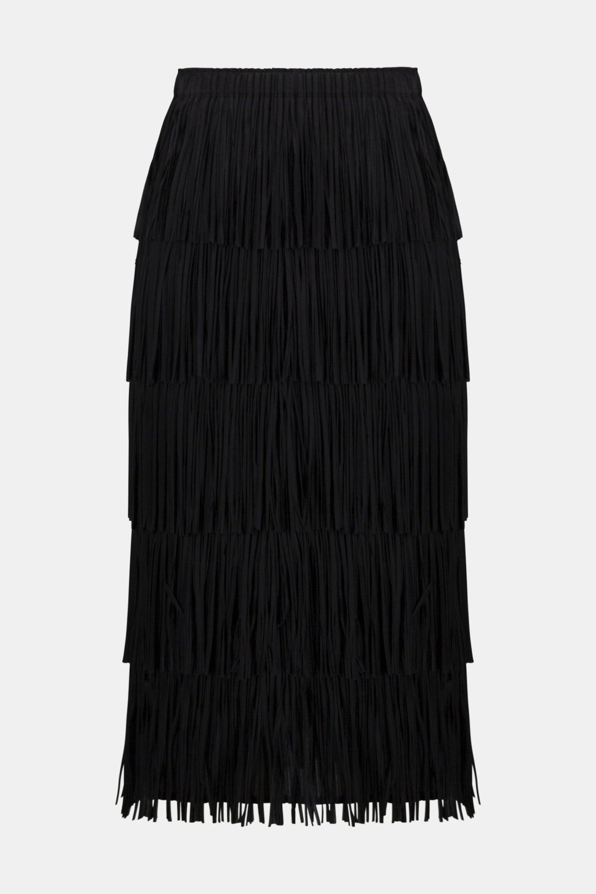 Joseph Ribkoff Black Pleated Pencil Skirt with Tiered Fringes