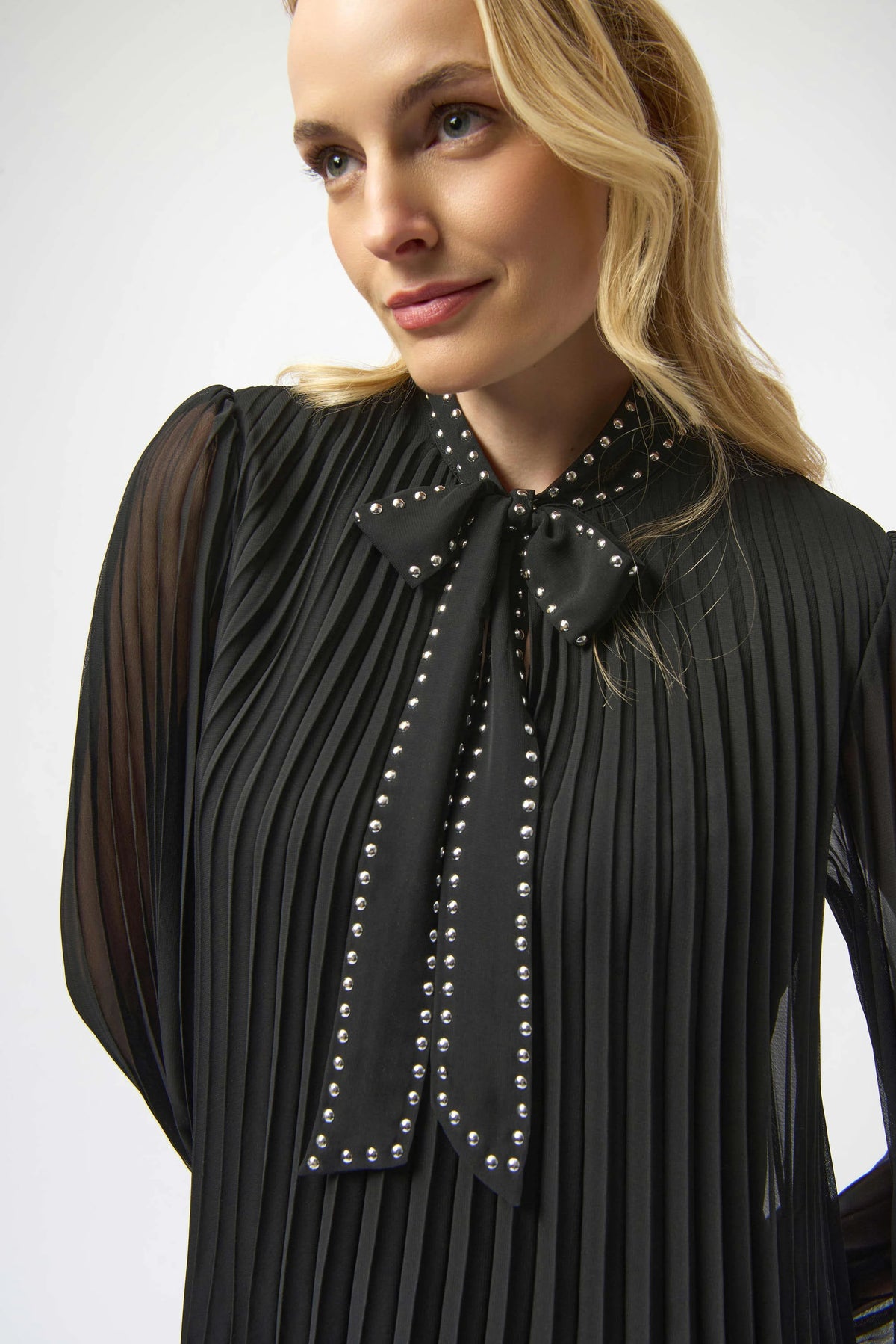 Joseph Ribkoff Black Pleated Chiffon Aline Dress with Neck Tie