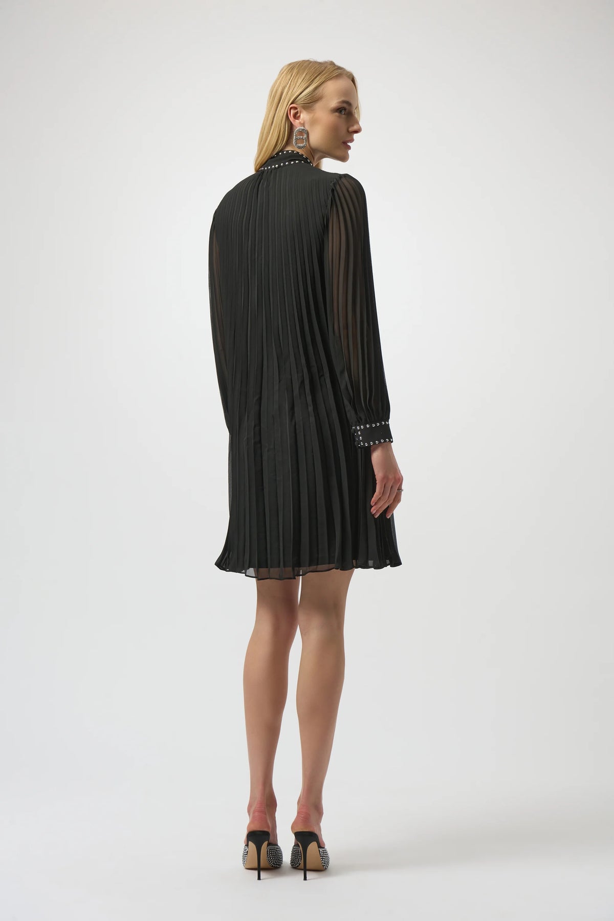 Joseph Ribkoff Black Pleated Chiffon Aline Dress with Neck Tie